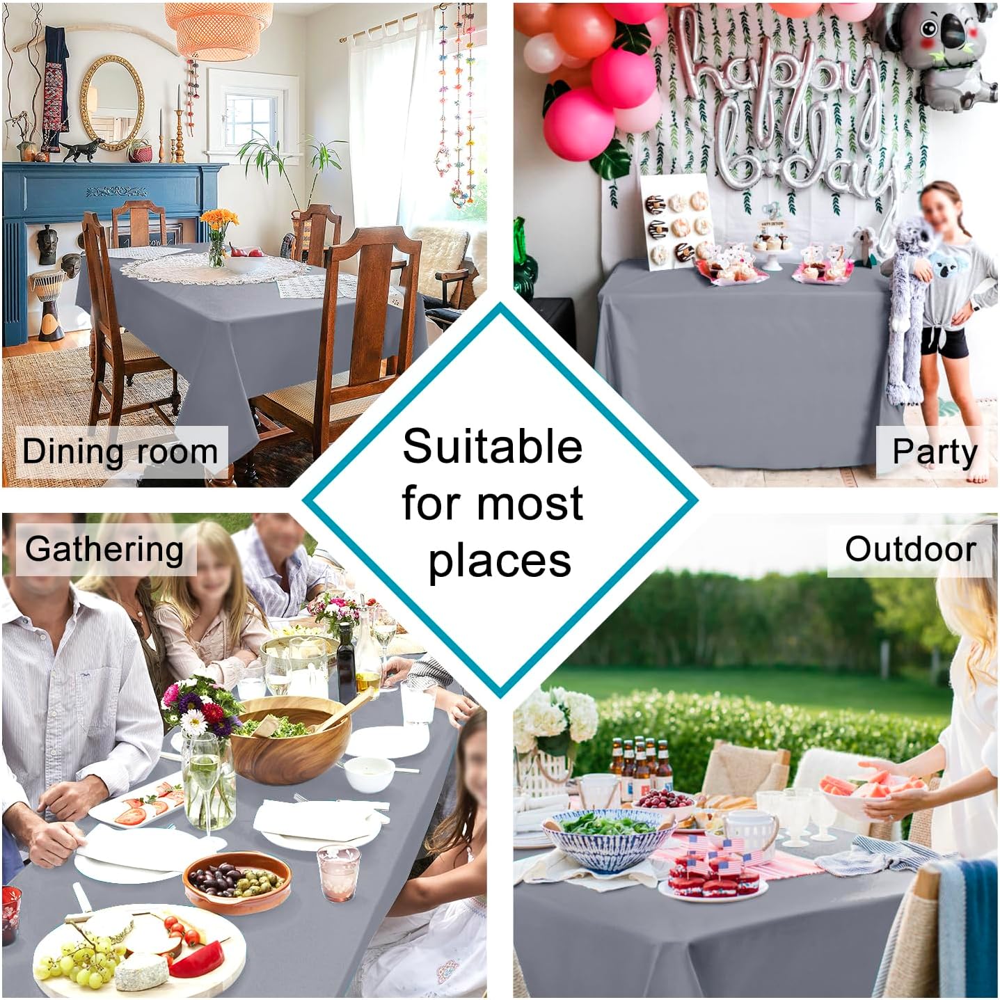 Hiasan Light Gray Rectangle Tablecloth - Waterproof Spillproof and Wrinkle Resistant Washable Polyester Table Cloth for Dining Party, 60 x 60 inch