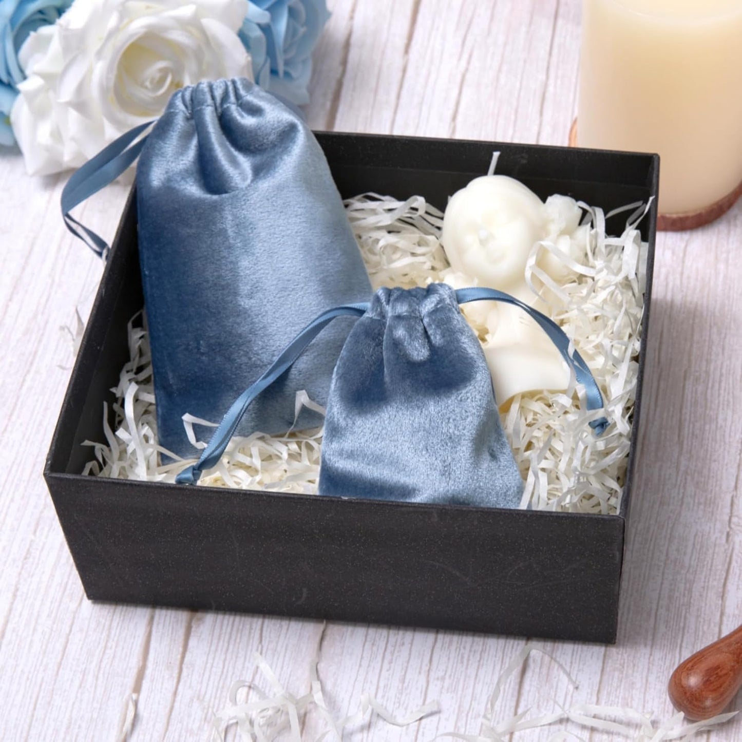 QIANF 12pcs Dusty Blue Velvet Drawstring Bags 4x6 inches Glossy Small Velvet Cloth Gift Bags Jewelry Pouches for Storage Wedding Party Favor Christmas