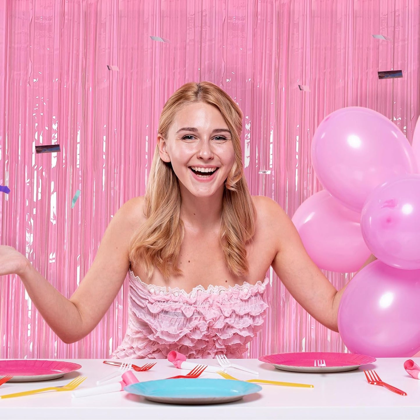 2 Pack Party Backdrop Decorations Pink Tinsel Curtain Party Backdrop Foil Fringe Birthday Decorations Photo Booth Streamer Pink Theme Bachelorette Graduation Decor