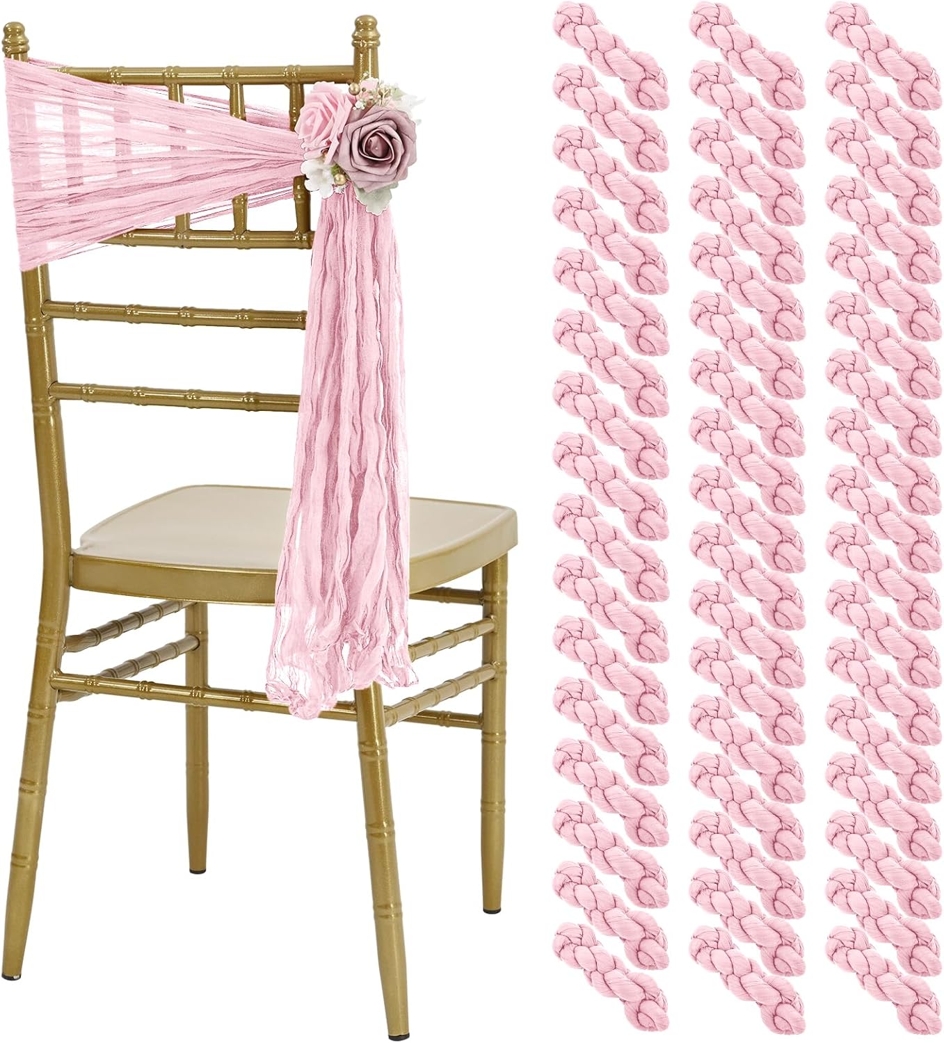 50 PCS Cheesecloth Chair Sashes, Bows Designed ChairSashes, 15.7x70 inch Chair Sashes for Aisle Decorations Universal Chairs Cover Decoration for Wedding Reception Party Banquet (Light Pink)
