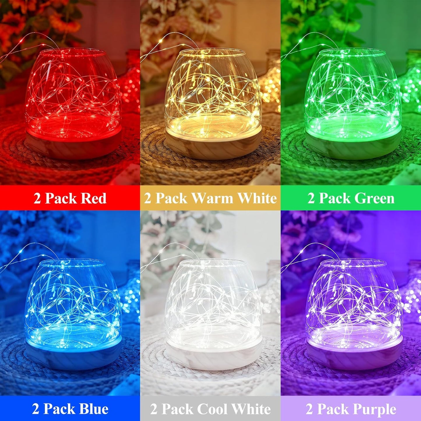 Lakumu 12 Pack Multi Color Led Fairy Lights Battery Operated - String Lights Waterproof Silver Wire 7 FT 20 Led Firefly Starry Moon Lights for DIY Christmas Decorations Mason Jar Party Wedding Decor