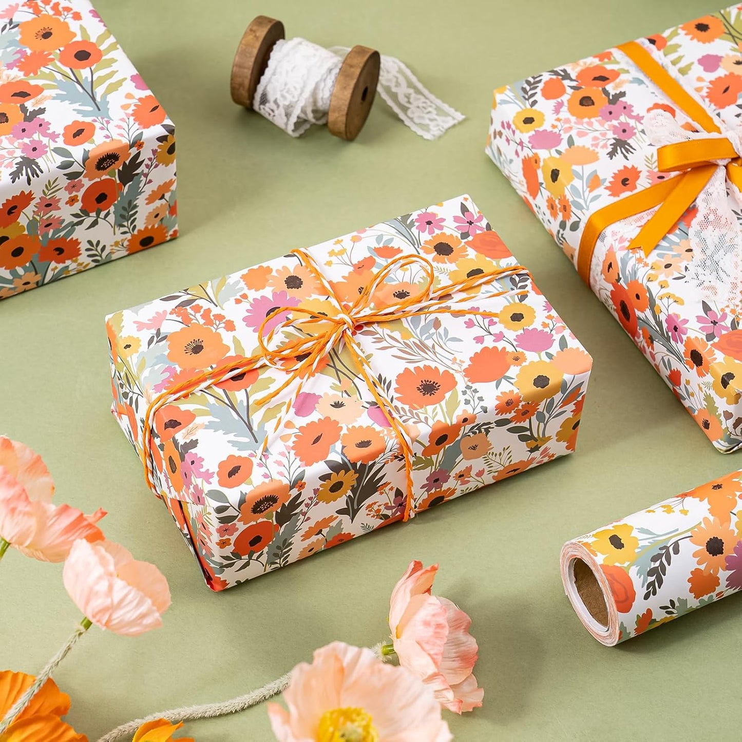WRAPAHOLIC Kraft Floral Wrapping Paper Roll - Mini Roll - 17 Inch x 33 Feet - Bright Summer Flower Wrapping Paper, Perfect for Wedding, Birthday, Bridal Shower, Tea Party