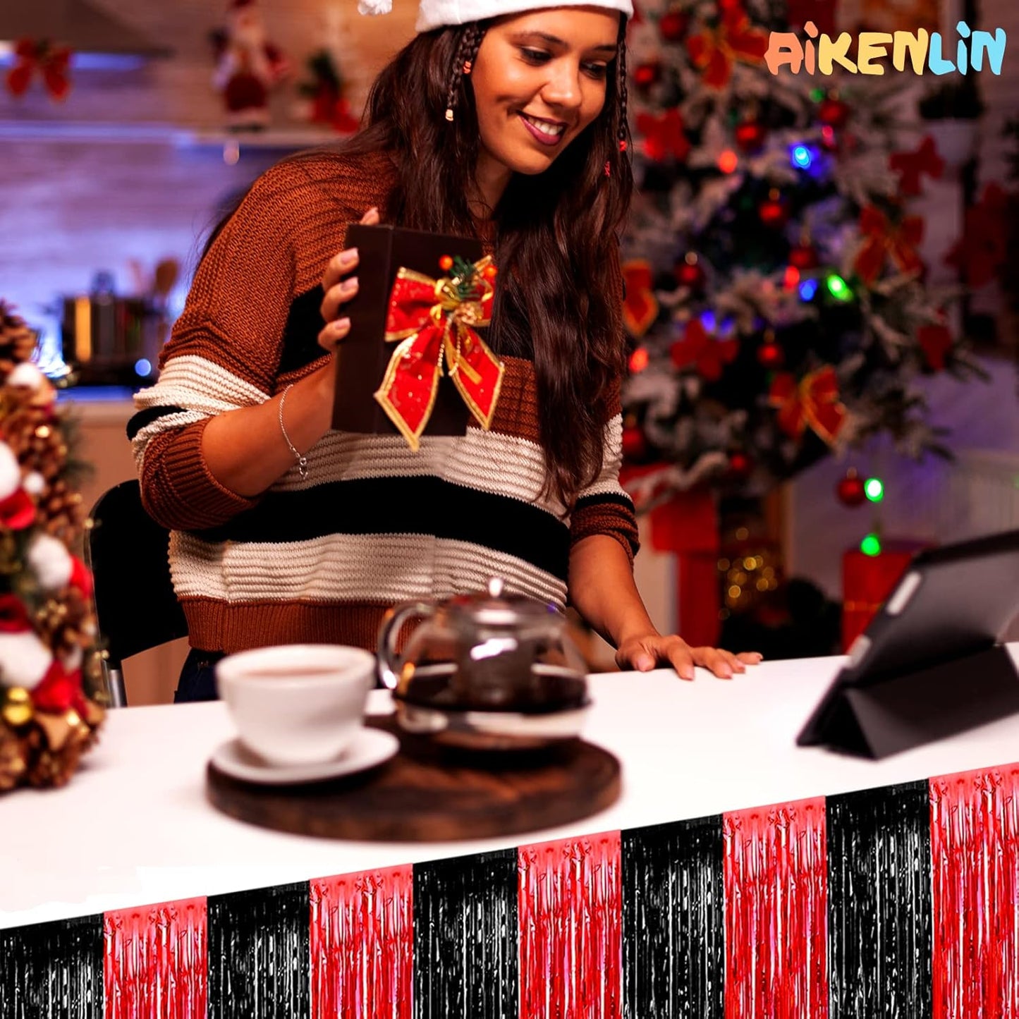 6 Pack 29x108 Inch Black Red Metallic Foil Fringe Tinsel Table Skirts for Rectangle Tables Streamer Curtains Backdrop for Wedding, Casino Viva Las Vegas Game Night Birthday Party Decoration