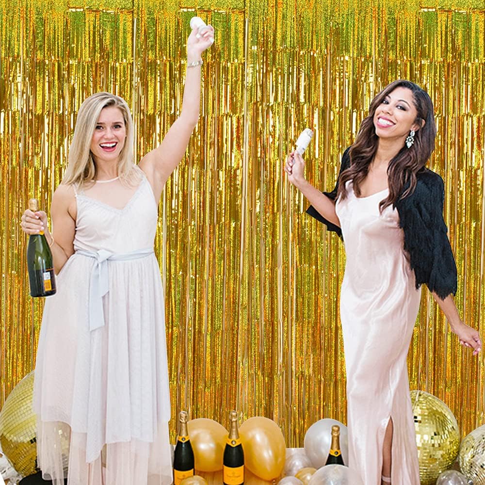 TONIFUL 3Pcs Laser Gold Door Streamers, Metallic Foil Fringe Curtains for Birthday, Christmas, New Year, Bachelorette, Graduation Parties (9.9ft x 6.6ft)
