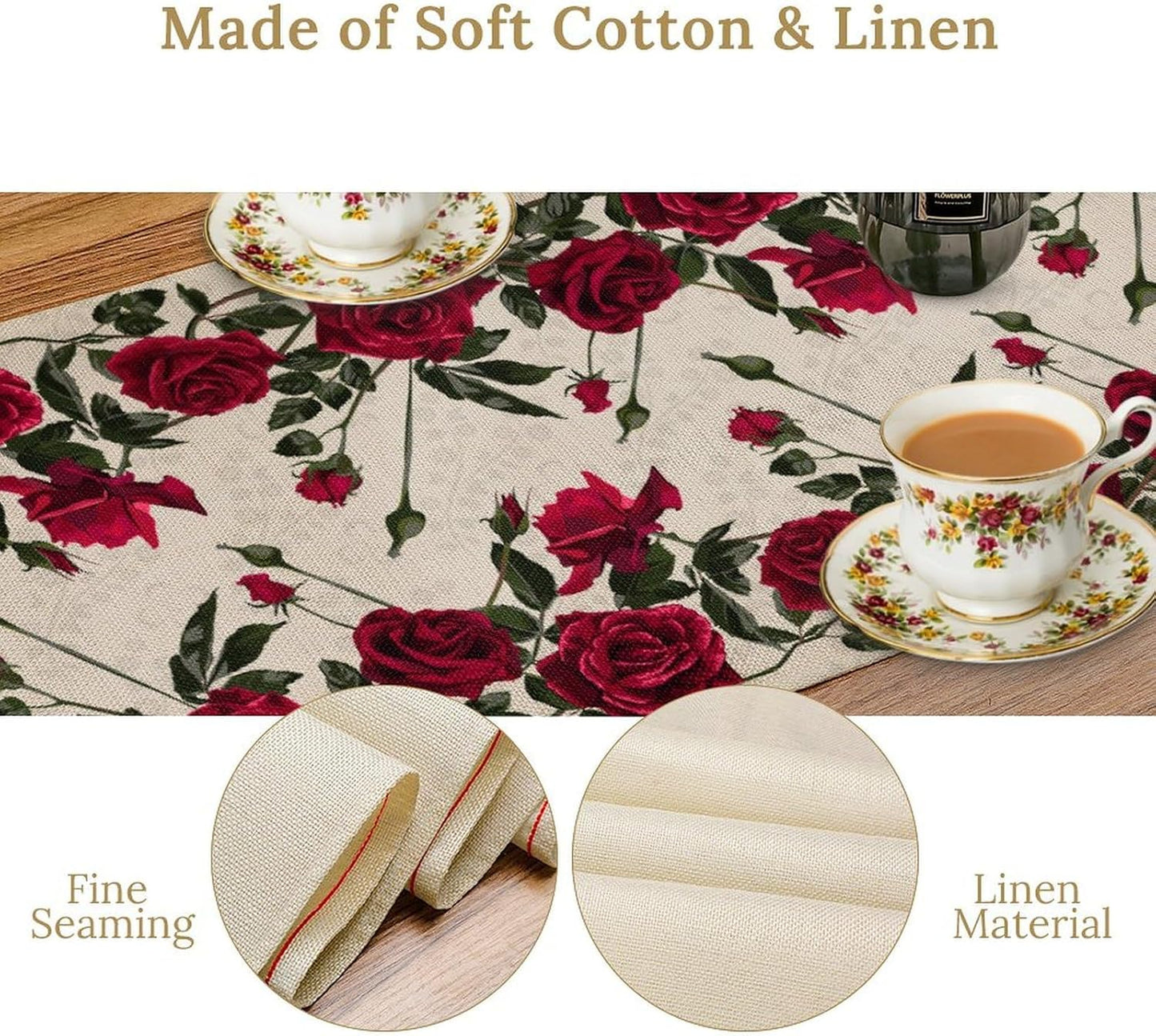 Rose Table Runner, Retro Red Rose Flowers Green Leaves Valentine's Day Kitchen Dinning Table Runner for Indoor Outdoor Home Wedding Party Holiday, 13x36 Inch