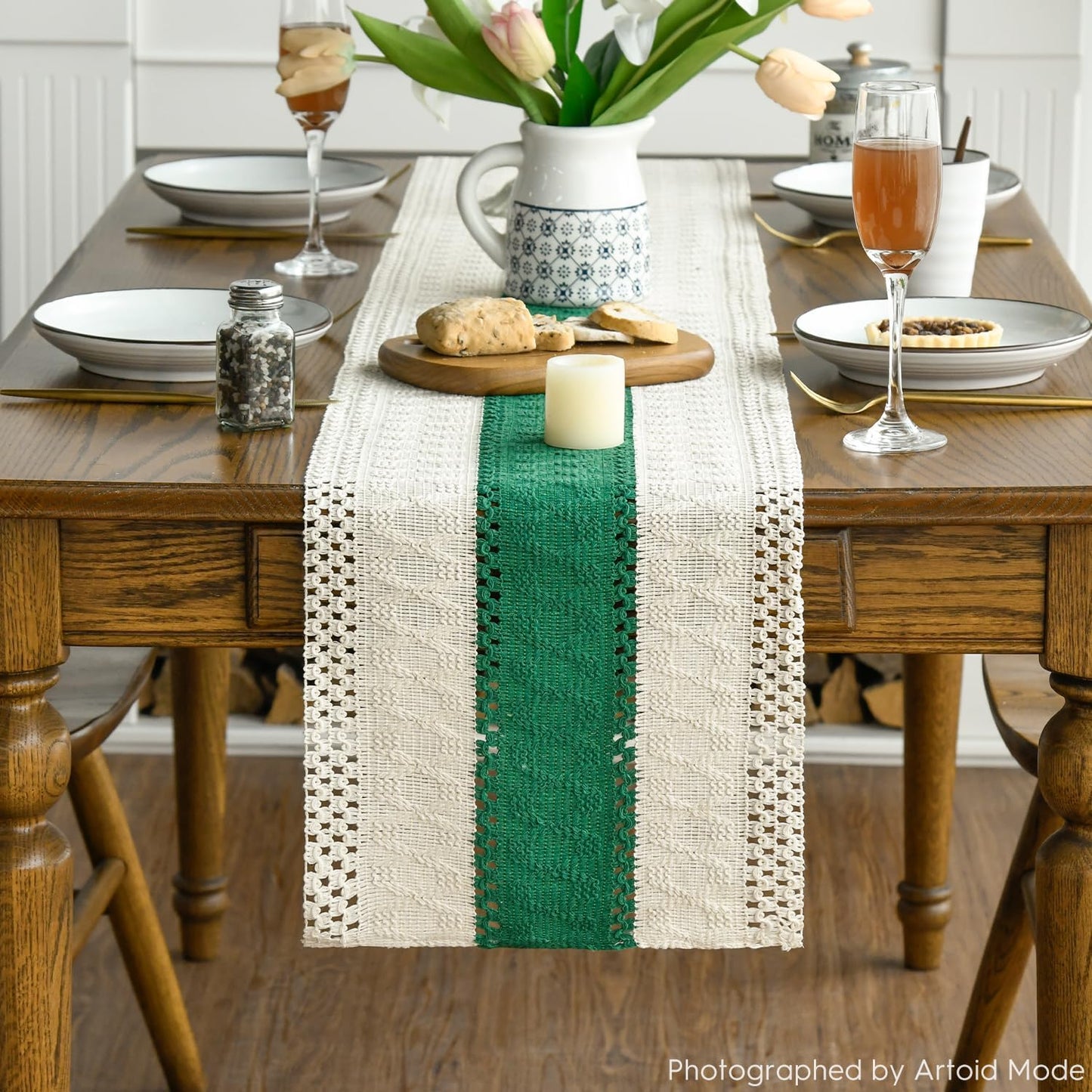 Artoid Mode Dark Green Farmhouse Rustic Table Runner, Seasonal Holiday Hollow Kitchen Dining Table Decoration for Home Party Decor 12x72 Inch