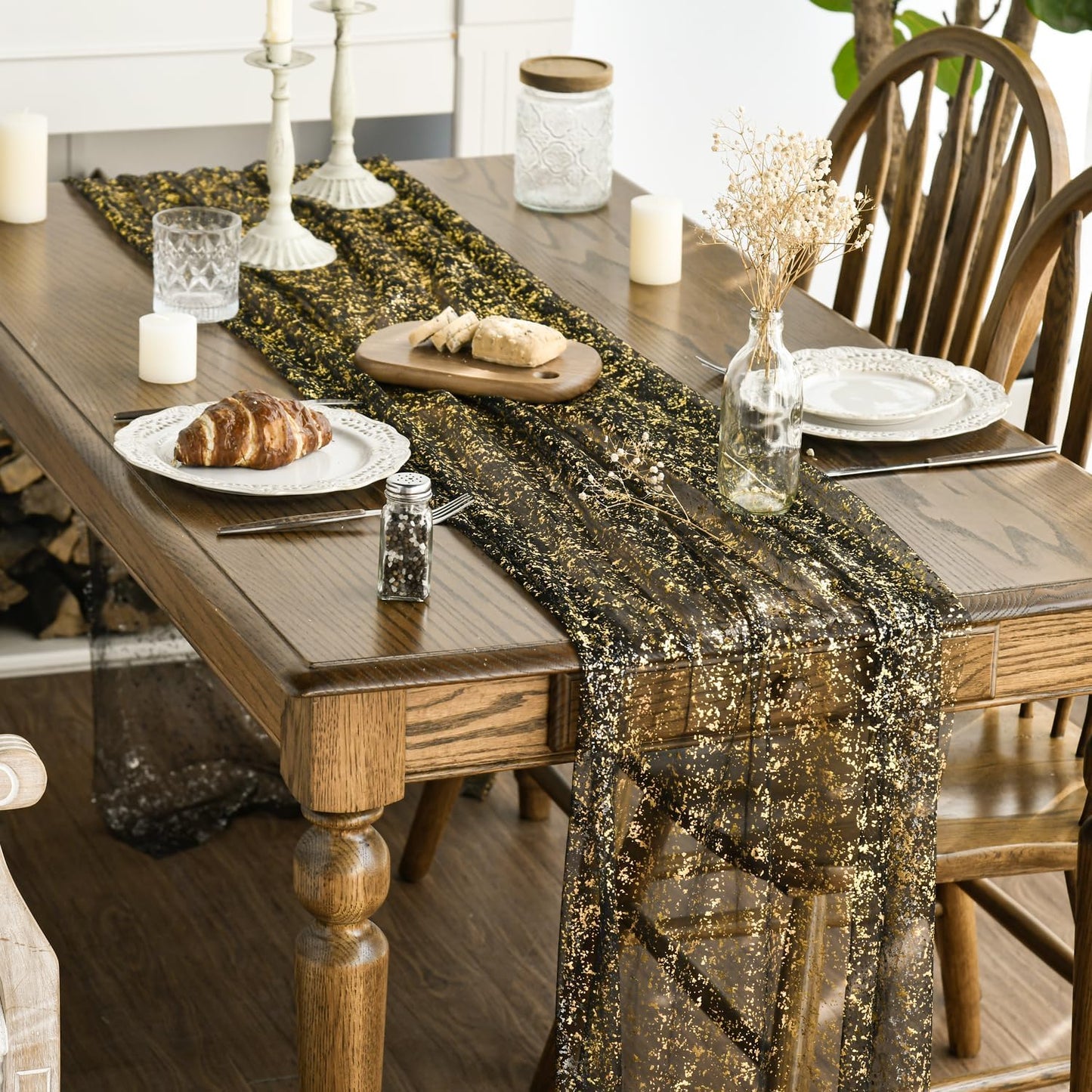 Artoid Mode 3Pcs Black Gold Gauze Table Runner 120 Inch 10FT, Glitter Metallic Foil Sheer Dining Wedding Anniversary Holiday Birthday Table Decor for Home Party