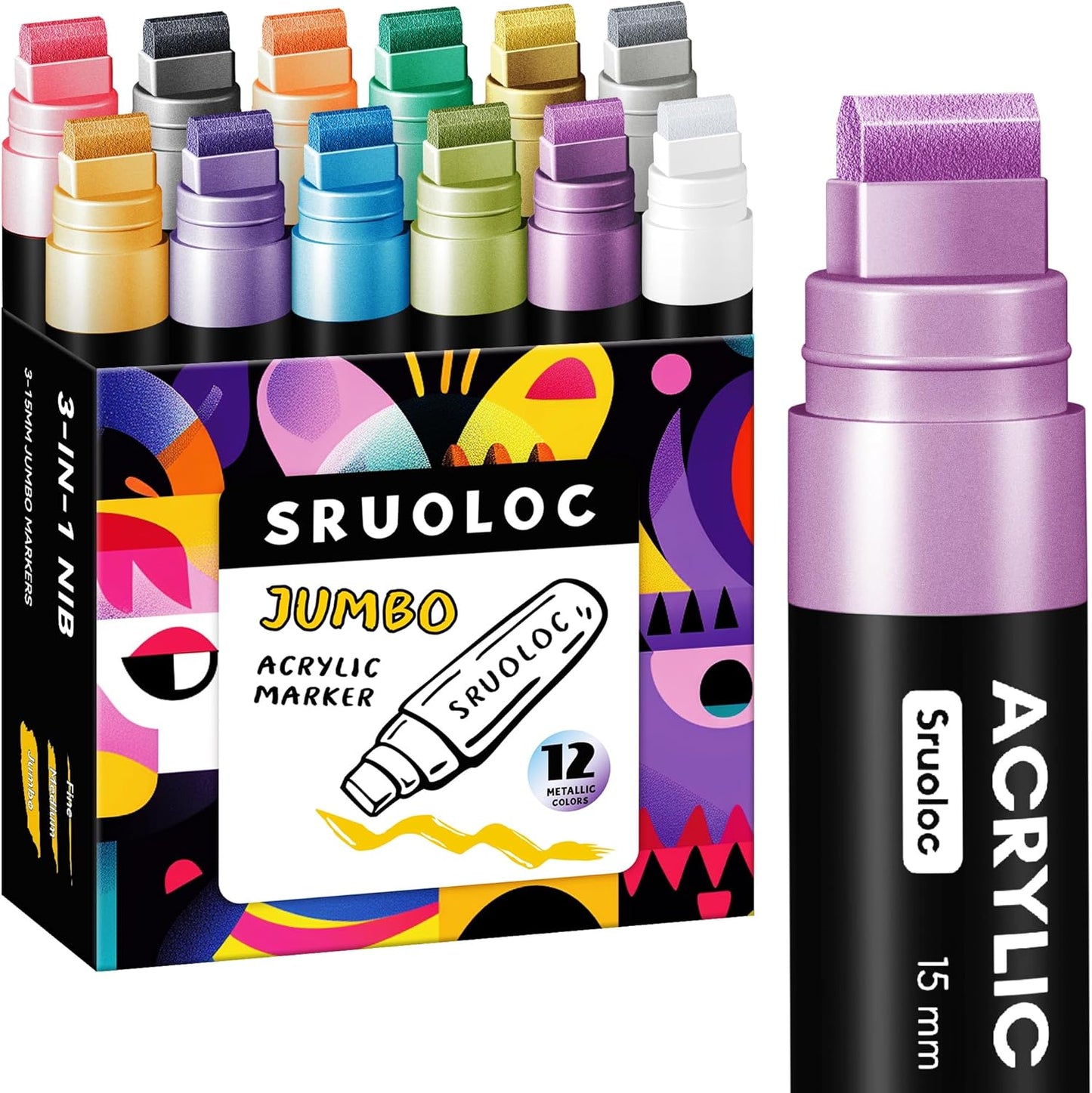 12 Metallic Colors Jumbo Markers, 15mm Jumbo Felt Tip, Acrylic Paint Markers for Rock Painting, Poster, Stone, Ceramic, Glass, Wood, Canvas