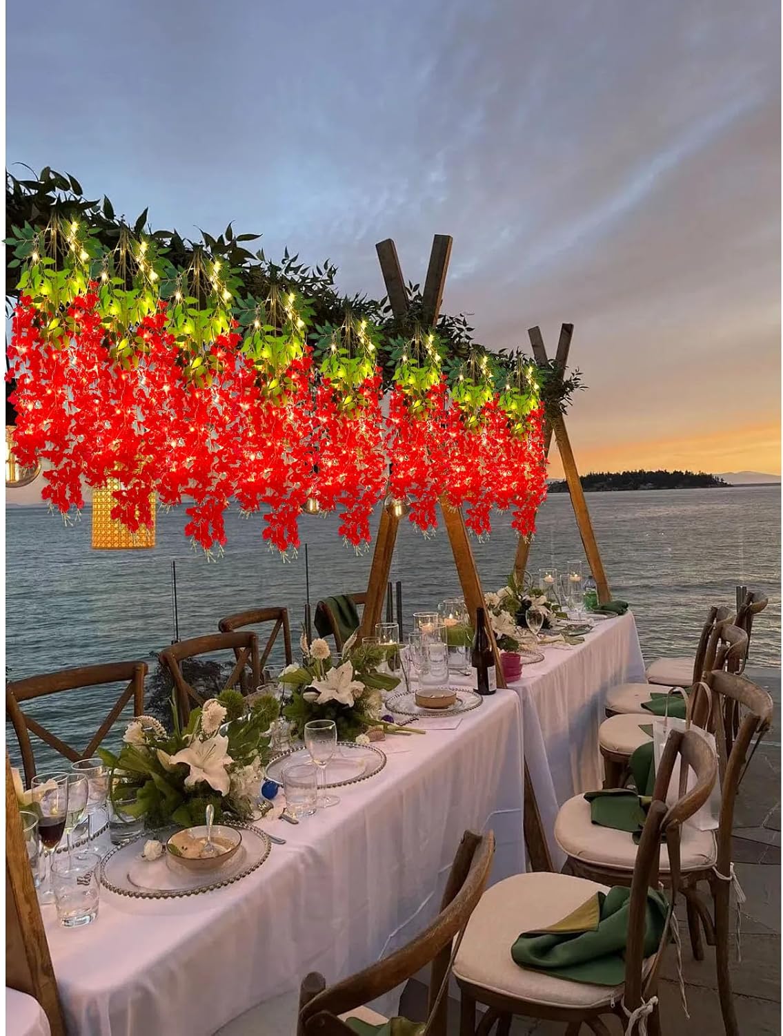 12 Pack Red Wisteria Hanging Flowers Garland with Lights, 3.44 Feet Artificial Flower Vines, Fake Wisteria, Artificial Vines Hanging Garland for Backdrop Outdoor Patio Garden Decor