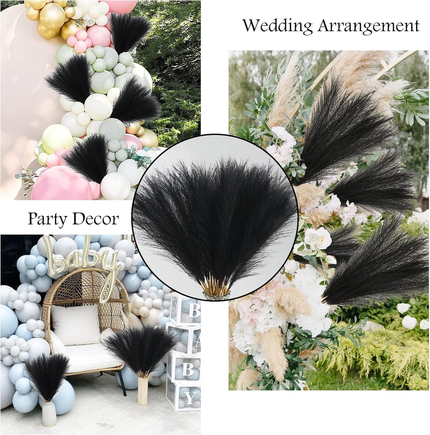 50pcs Faux Pampas Grass, 21.6" Short Artificial Pompous Grass Floral Fake Pompas Grass Branches Vase Filler Flower Arrangement for Home Wedding Boho Decor, Black