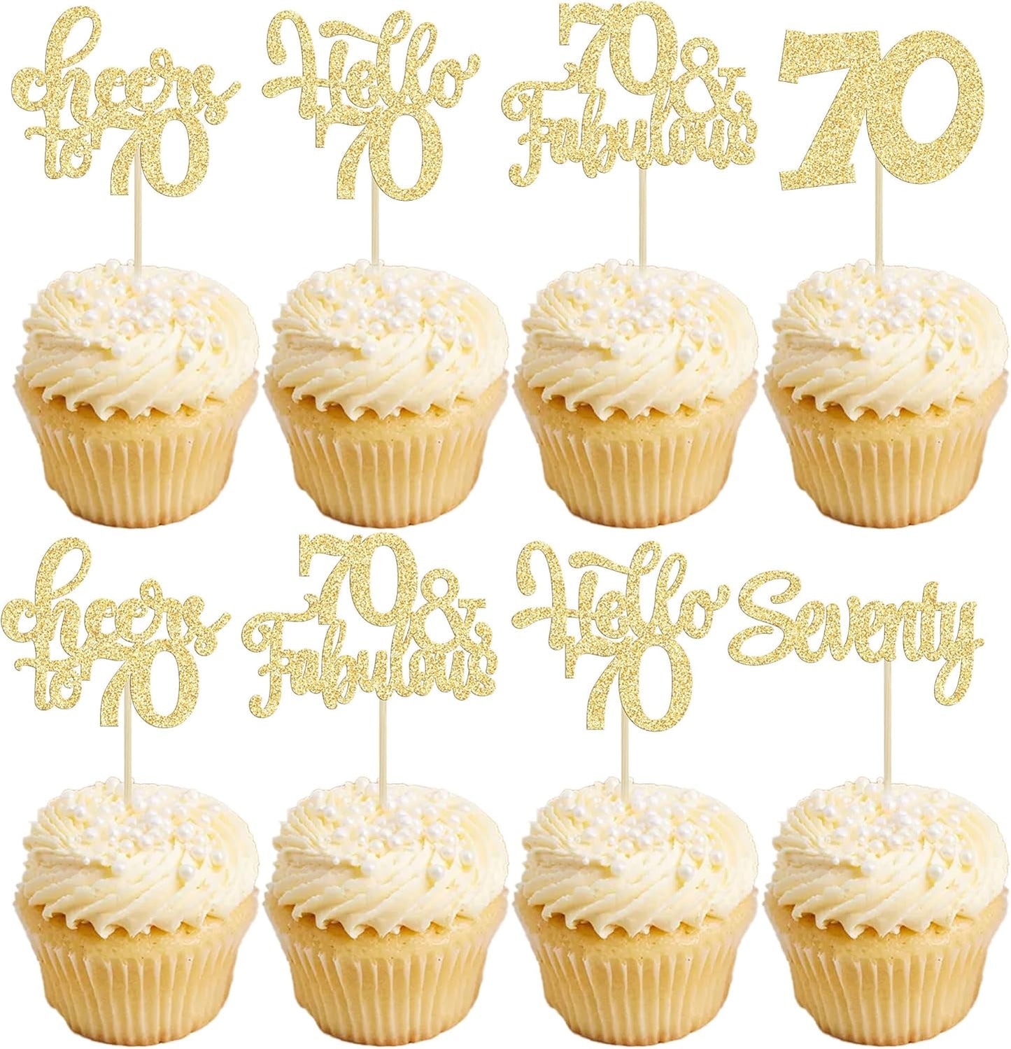 30Pcs Happy 70th Birthday Cupcake Toppers Seventy Cheers to 70 Years Old Birthday Cupcake Picks for 70th Birthday Anniversary Party Cake Decorations Supplies Gold Glitter