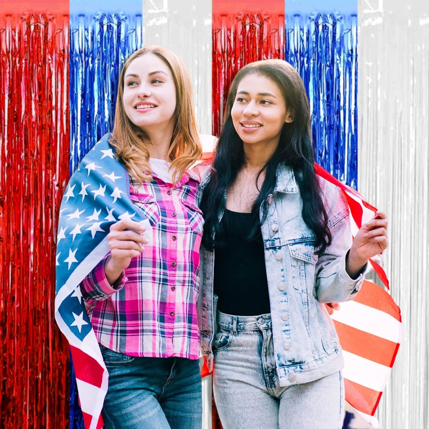 4 Pack Red Blue White Foil Fringe Curtain Backdrop, 3.28Ft x 9.8Ft Metallic Tinsel Foil Fringe Streamers Curtains for Photo Booth, Wedding, Mardi Gras, Birthday, Independence Day Party Decoration