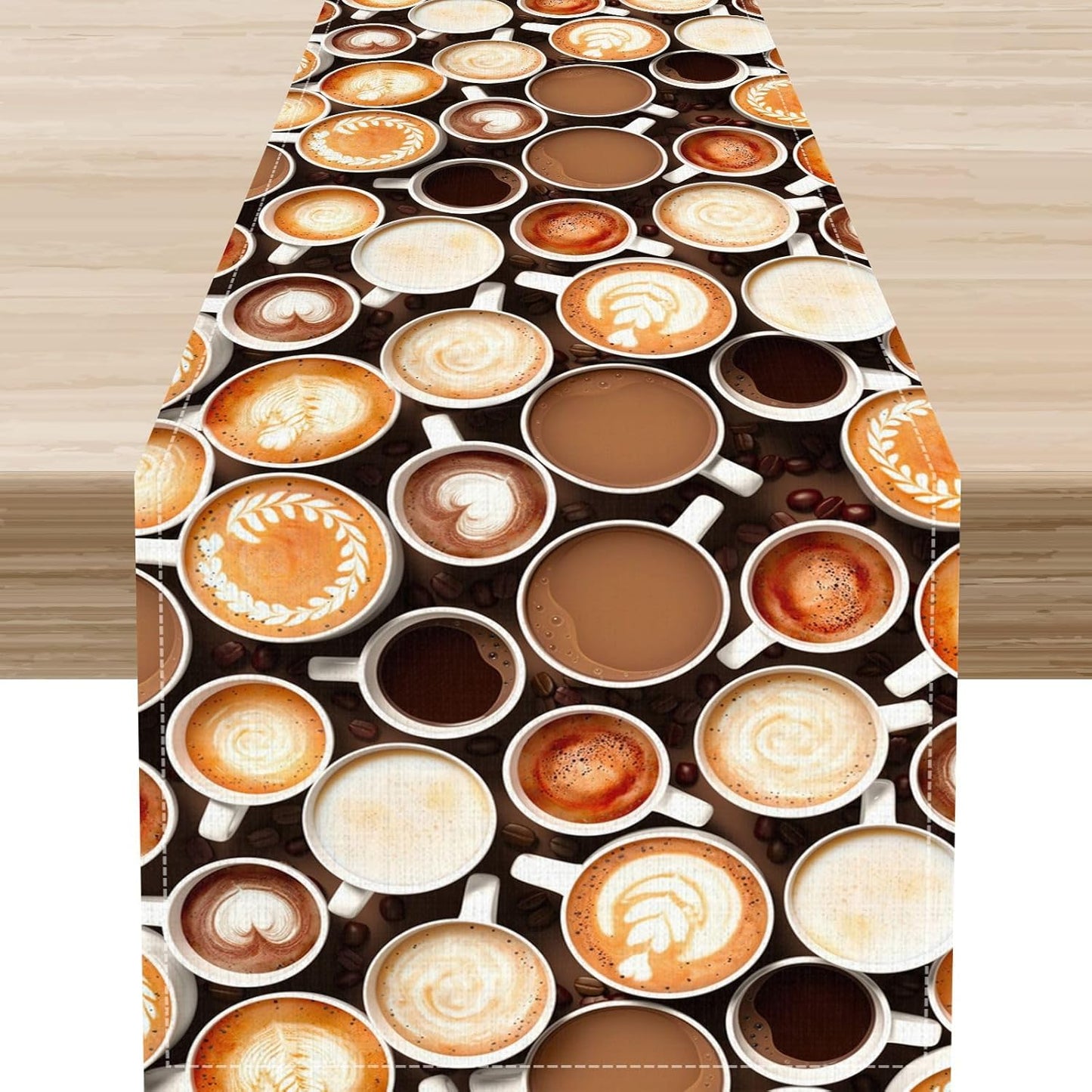 Coffee Theme Table Runner, Farmhouse Coffee Cup Latte Cappuccino Tea Party Rustic Cafe Table Center Decor for Home Kitchen Dining Patio Holiday Party Indoor Outdoor Table Decorations,13"x108" Inch