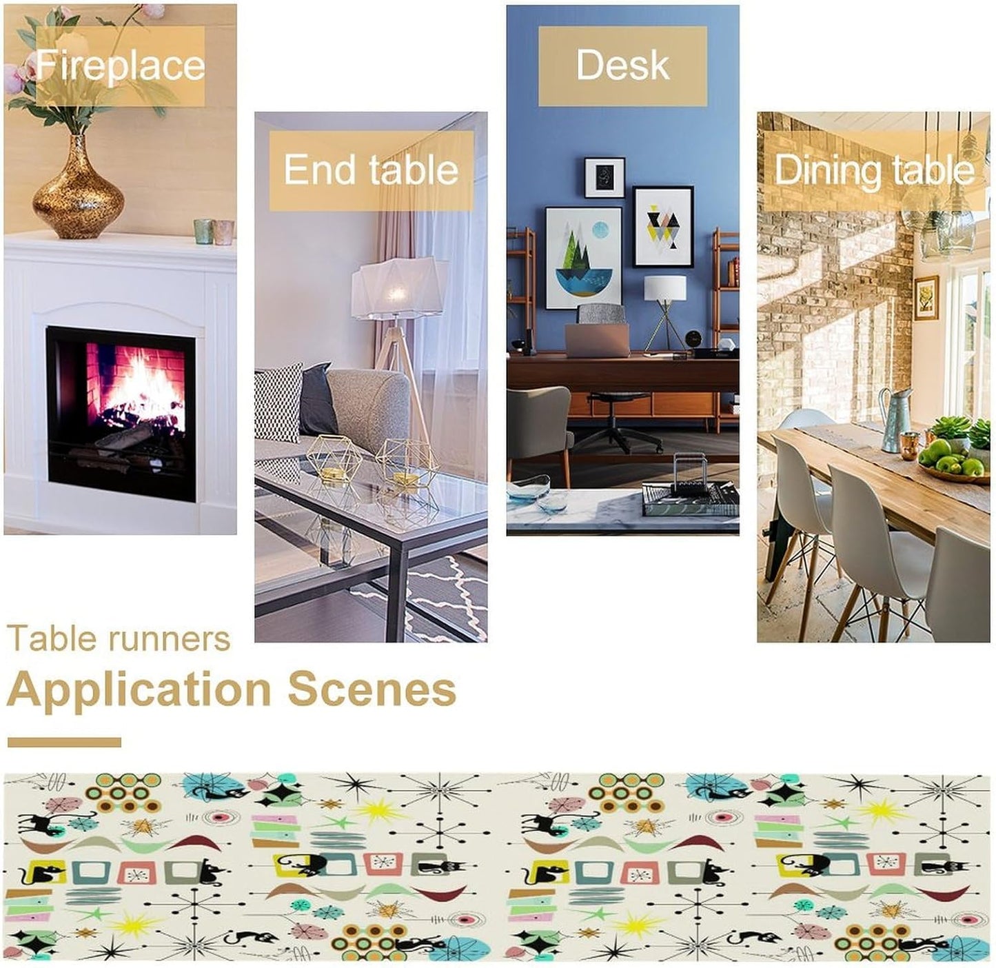 Colorful Geometric Table Runner,Vintage Mid Century Cute Cat Abstract Morden Print Tablecloth Burlap for Hotel Indoors Outdoor Dining Room Kitchen Home Decor, 13x80in