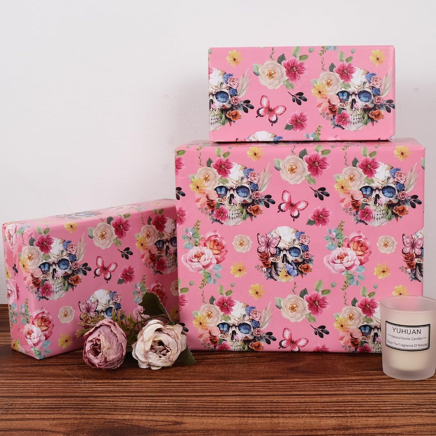 Aimyoo Gothic Wrapping Paper Roll, 17 Inch X 33 Feet Skull Floral Butterfly Design Gift Wrap Paper for Mother's Day, Birthday Bridal Shower