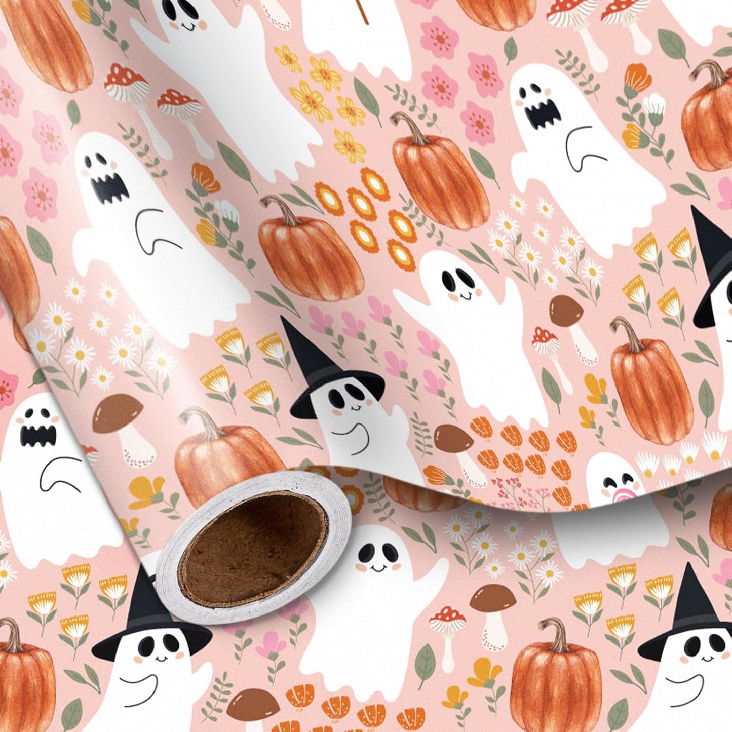 LeZakaa Pink Halloween Wrapping Paper Roll, Cute Ghosts Pumpkins Fall Florals in Pink Spooky Design Trick-or-Treat Gift Wrap for Girls, Kids, Soft Aesthetic Halloween Gifts, Mini Roll 17 in x 16.4 Ft