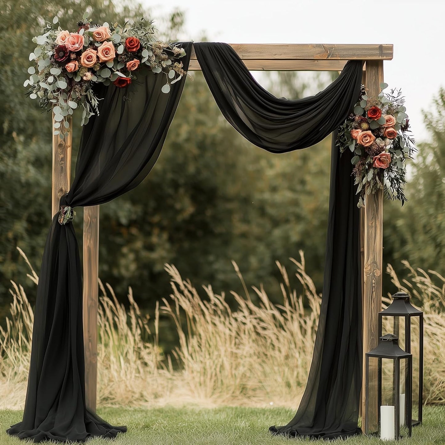 Wedding Arch Draping Fabric 4 Panels 28.7" x 20FT Black Sheer Chiffon Backdrop Drapes for Wedding Ceremony Birthday Party Bridal Shower Outdoor Decoration