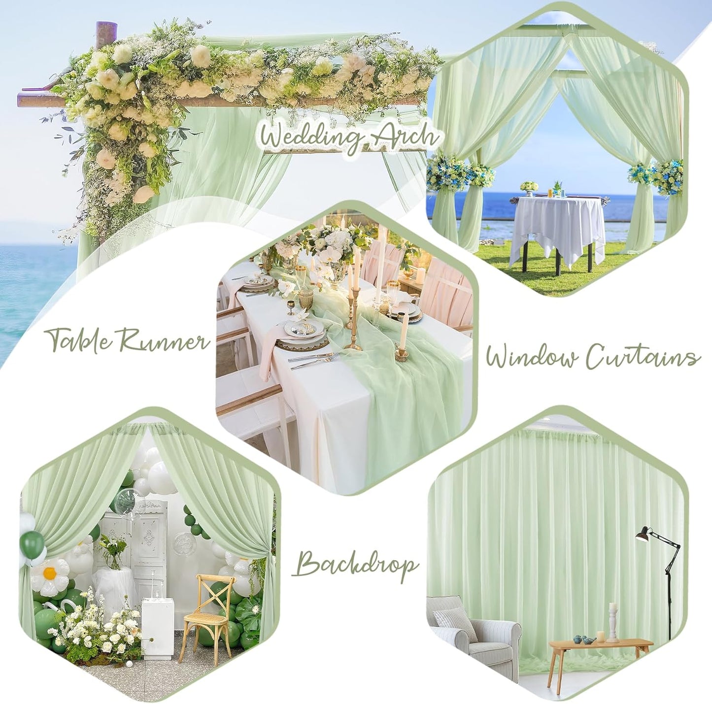 PARTISKY 10x10ft Sage Green Chiffon Sheer Backdrop Curtains, Wrinkle-Free Wedding Backdrop Drapes for Birthday Party Ceremony Arch Stage Decor Background for Photography 5x10ft,2 Panels