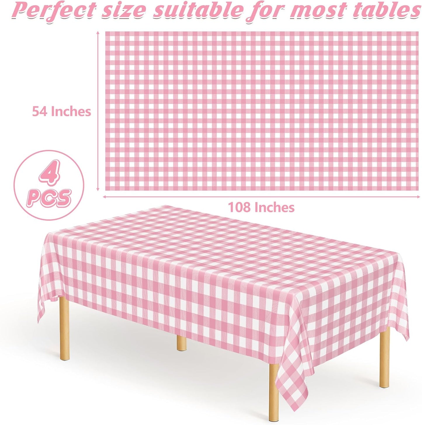 4Pack Pink Table Cloth, 54" x 108" Plastic Table Cloth Disposable, Waterproof Picnic Table Cover Checkered Rectangle Tablecloths for Indoor Outdoor Picnic Birthday Party Supplies Gathering BBQ Holiday