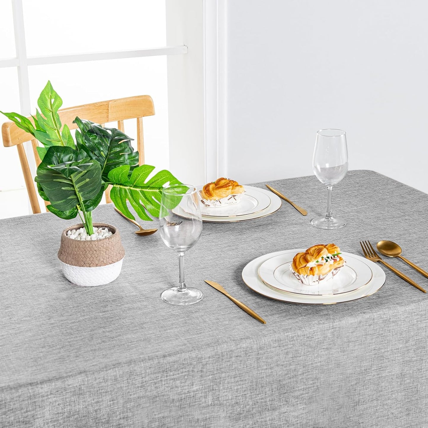 Hiasan 2 Pack Faux Linen Rectangle Tablecloth - Wrinkle and Stain Resistant Washable Table Cloth for Kitchen Dining Room Holiday Dinner, Light Grey, 70 x 90 Inch