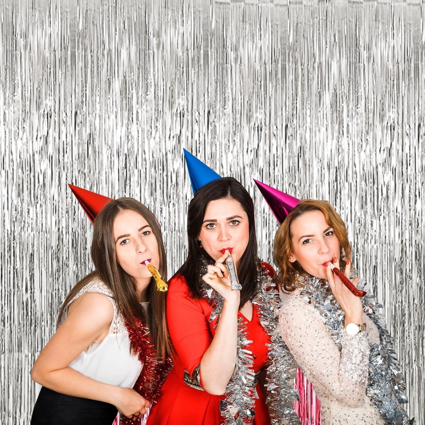 4P Metallic Foil Fringe Tinsel Table Skirts for Rectangle Tables Backdrop Banner Tinsel Streamer Garland Curtains for Parade Floats Wedding Graduation Anniversary Birthday Parties Decoration (Silver)