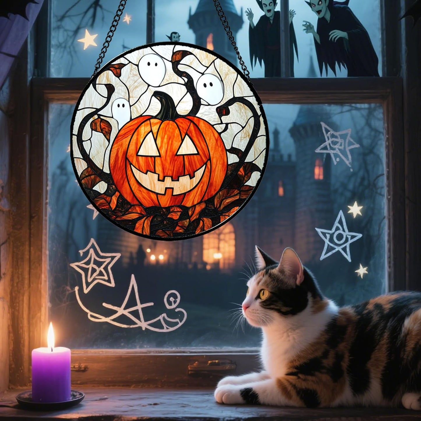 Stained Glass Window Hanging - Halloween Decorations Pumpkin Ghost Suncatcher for Doors Garden Indoor Spooky Funny Orange Sun Catchers Gothic Decor Horror Gifts for Women Men Friend 9.8 in