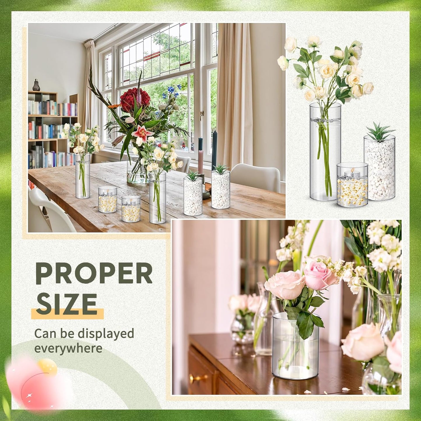 Nuogo 24 Pcs Plastic Cylinder Vases Tall Clear Flower Vases for Centerpieces Hurricane Candle Holder for Home Wedding Office Party Formal Dinners Decorations (4''/6''/8'')