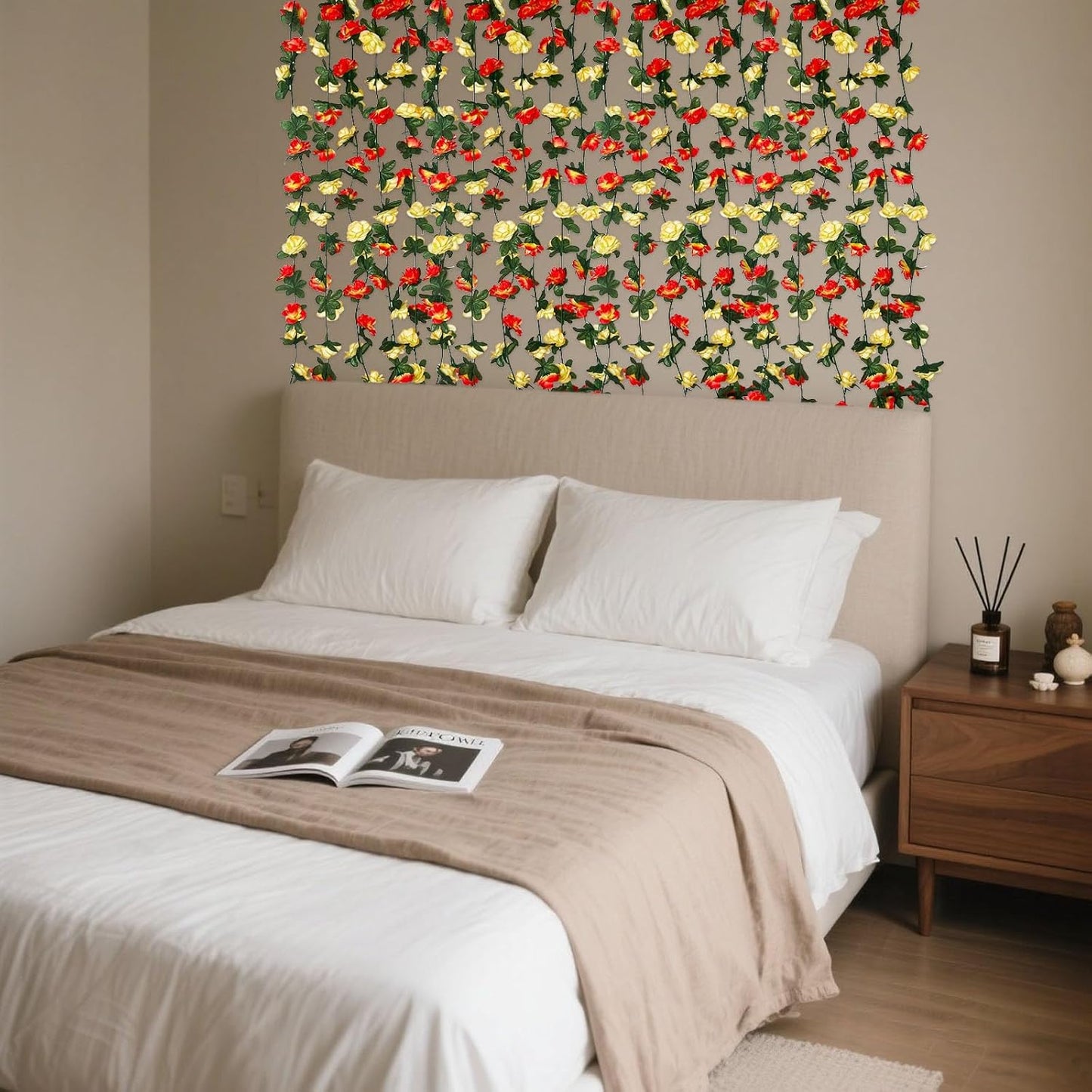 8Pcs 63Ft Pink&Yellow Rose Garland, Fake Rose Hanging Flowers, Artificial Flower Vine, Hanging Floral Vine Garland for Wedding, Birthday Party, Wall Arch, Halloween, Christmas Garden Backdrop Decor