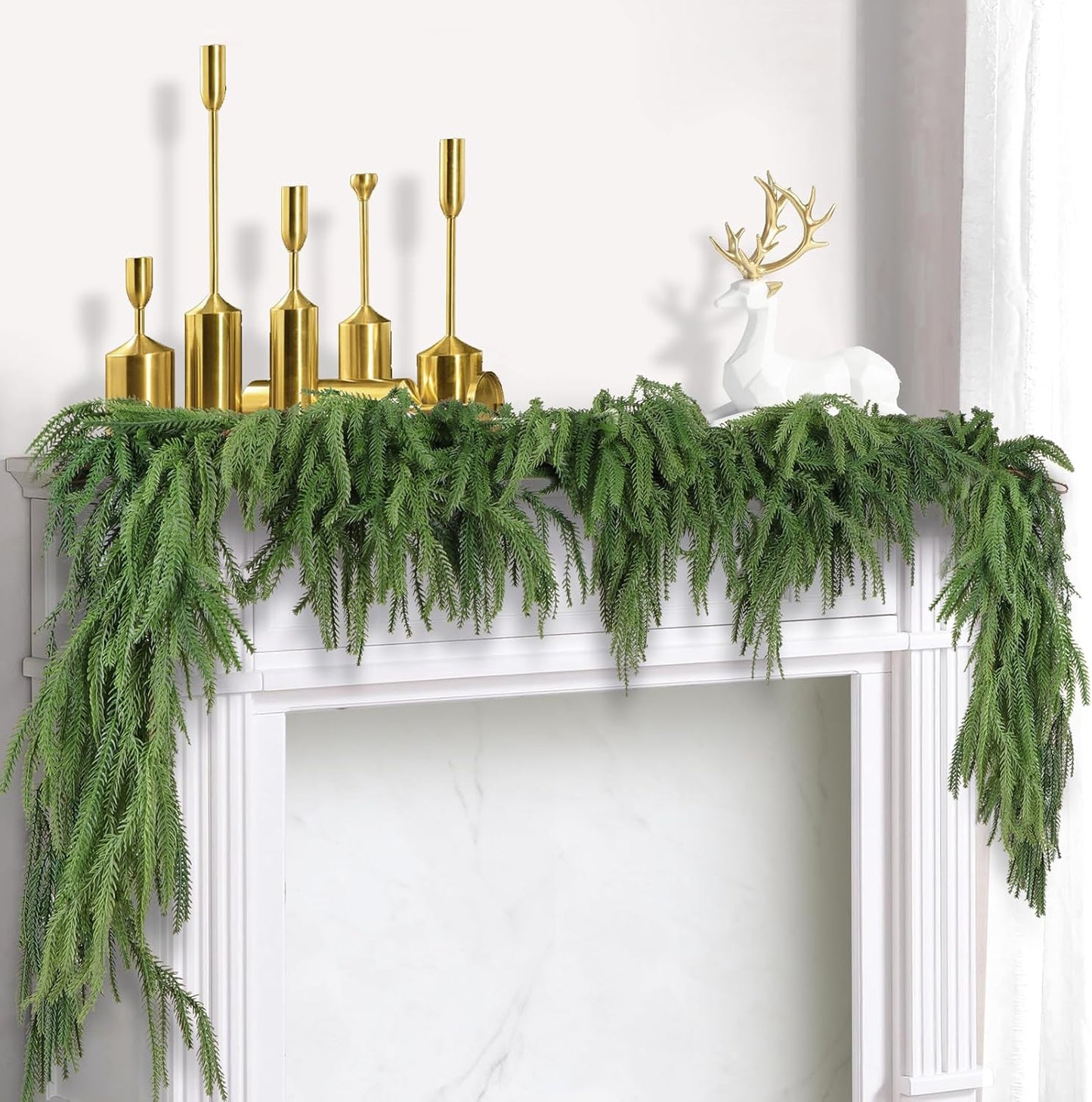 4 Pack Christmas Norfolk Pine Garlands 6FT, Real Touch Artificial Greenery Garland – Full Evergreen Pine Garland for Mantle, Fireplace, Table, Wall, Stairs & Outdoor Holiday Décor