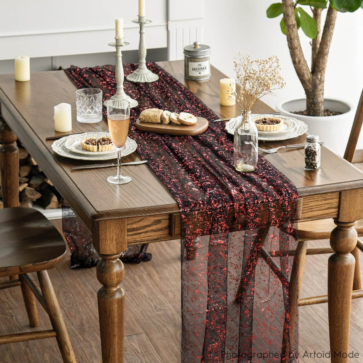 Artoid Mode Black Red Gold Gauze Table Runner 120 Inch 10FT, Glitter Metallic Foil Sheer Dining Wedding Anniversary Holiday Table Decor for Home Party