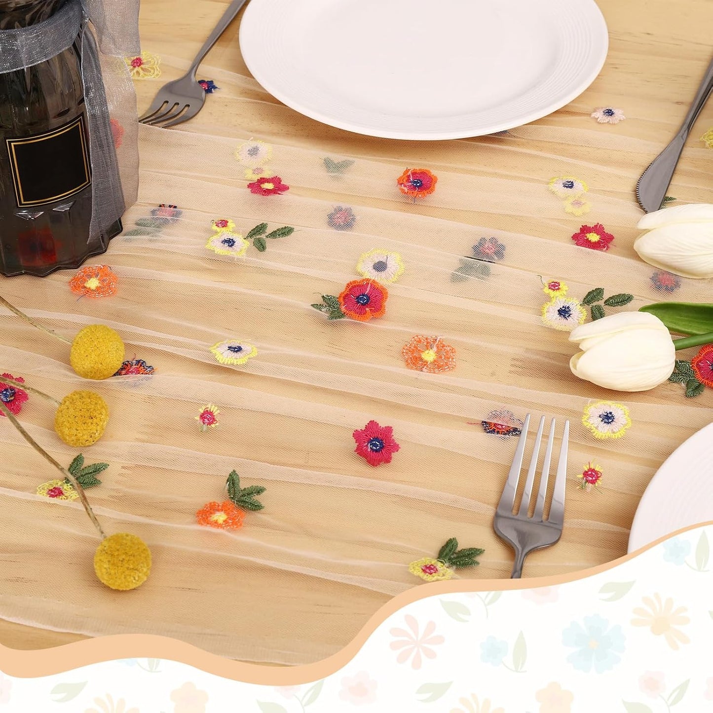 BINBE 1pcs Champagne Daisy Fall Table Runner Embroidery Gauze 10FT Florals Seasonal Tulle Holiday Birthday Kitchen Dining Table Decor for Home Party