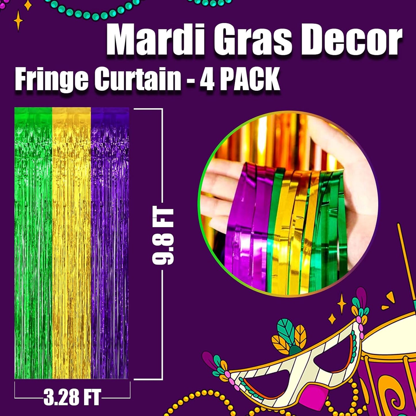 4 Pack Mardi Gras Foil Fringe Curtain Backdrop, 3.28Ft x 9.8Ft Gold Green Purple Metallic Tinsel Foil Fringe Streamers Curtains for Photo Booth, Wedding, Birthday, Carnival Party Decoration