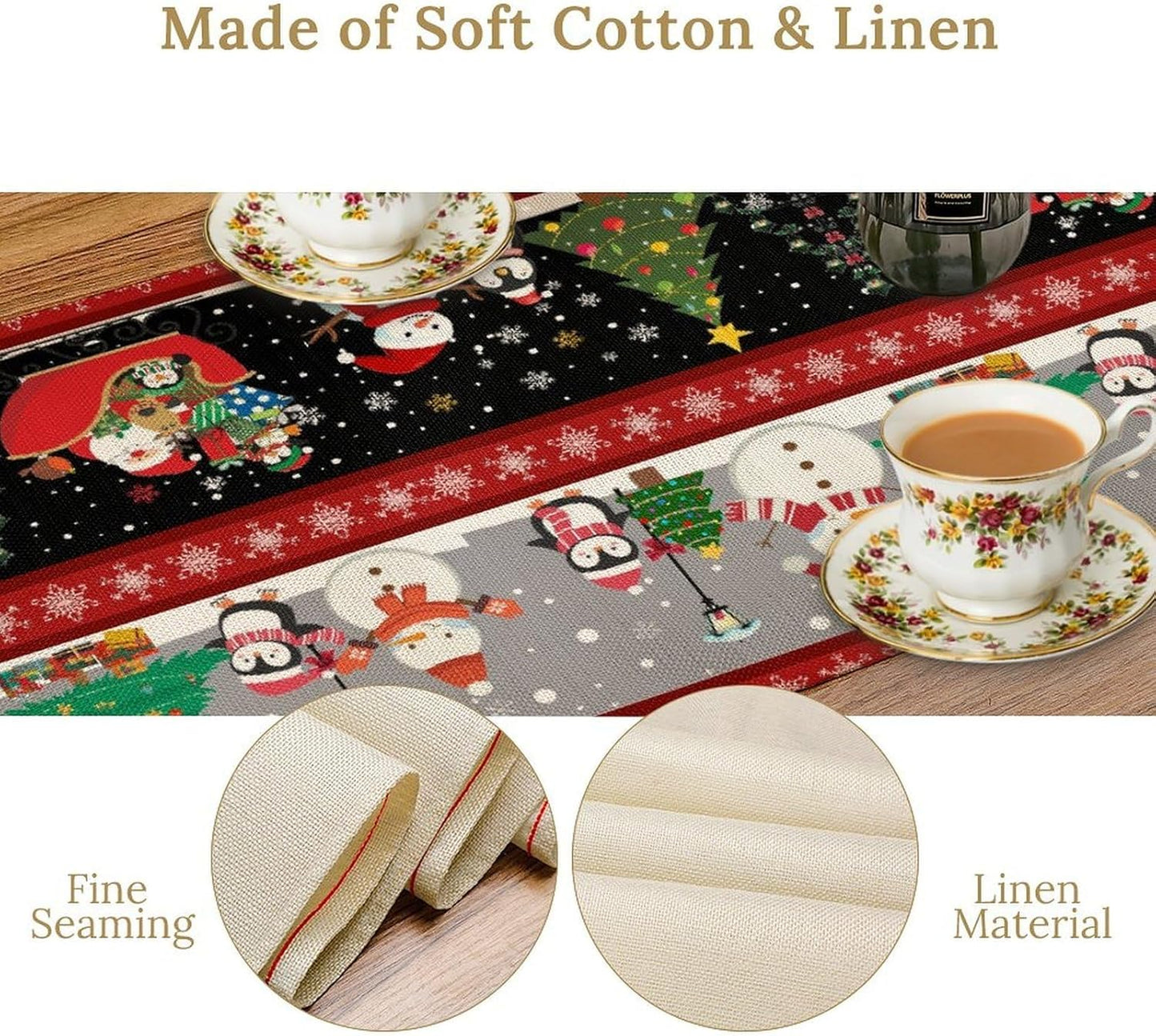 Christmas Table Runner,Cartoon Snowman Tree Xmas Deer Elk Santa Claus Print Tablecloth Burlap for Hotel Indoors Outdoor Dining Room Kitchen Home Decor,W13X L108 in