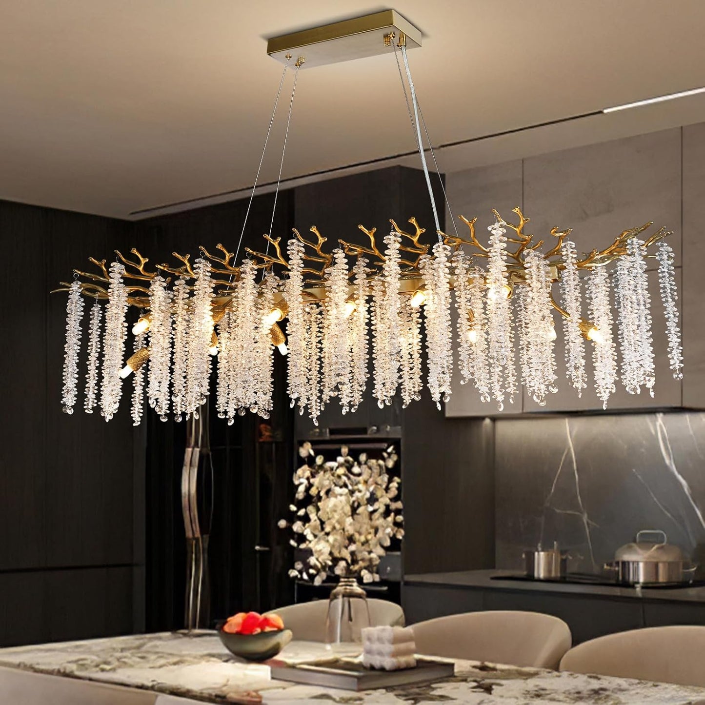 YUYI Modern Crystal Chandelier, 47.2" Gold Tree Branch Chandeliers for Dining Room, Large Rectangular Chandelier, Luxury Ceiling Light Fixture for Living Room, Kitchen Island, Foyer, 5 Year Warranty