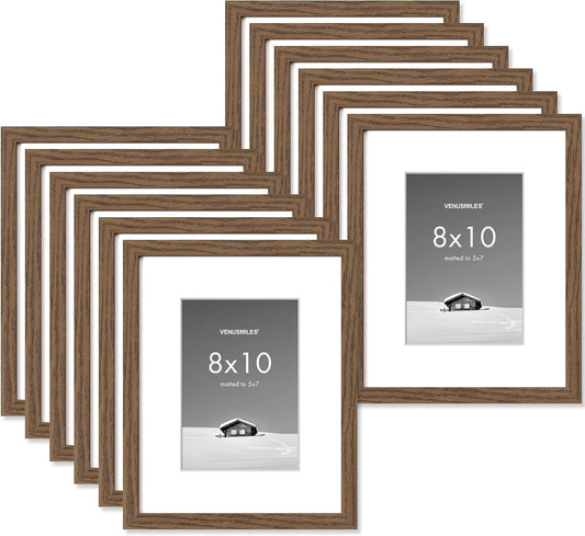 8x10 inch Picture Frame, 8x10 Photo Frames with 5x7 Removable Mat - High Definition Plexiglass - Vertical and Horizontal Display - Wall Hanging Frame - Walnut Color, 12 Pack
