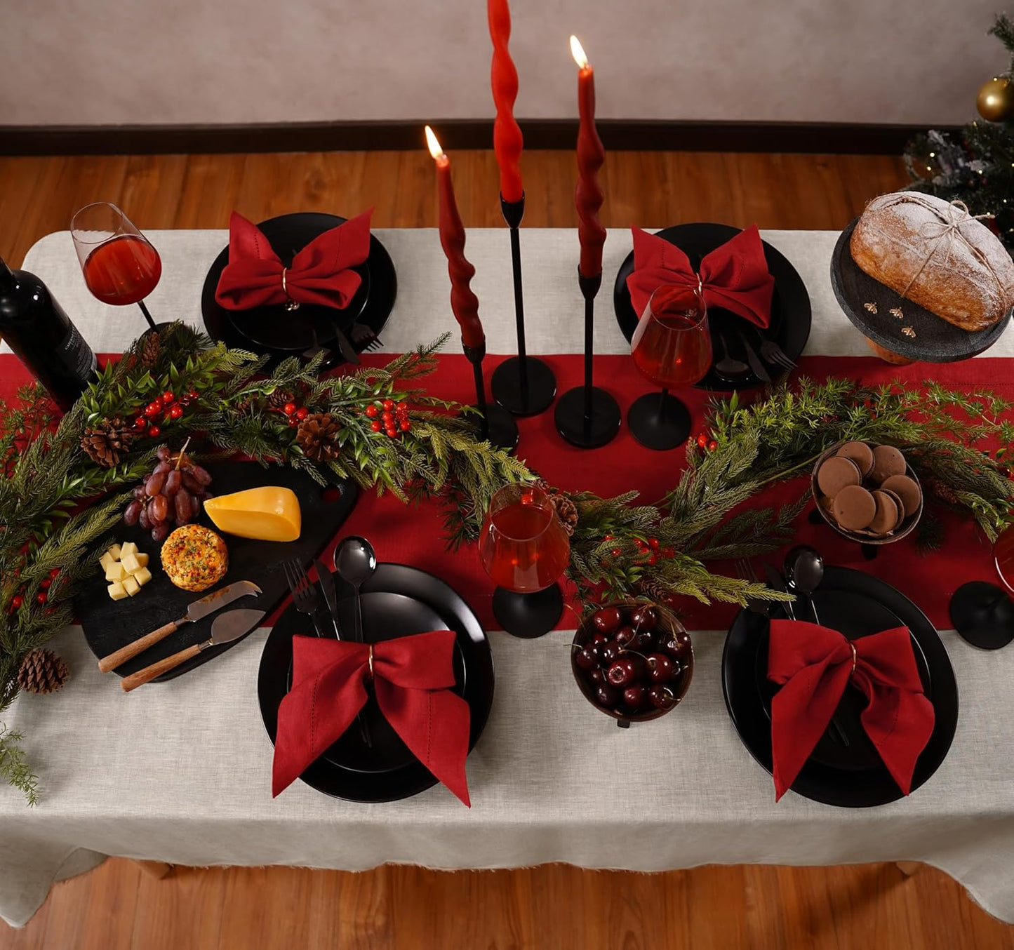 Linen Table Runner 14 x 90 Inch Long - 100% Pure Linen Christmas Red Table Runner - Cloth Fabric Hemstitch Runner for Thanksgiving, Christmas, Winter, New Year - Elara