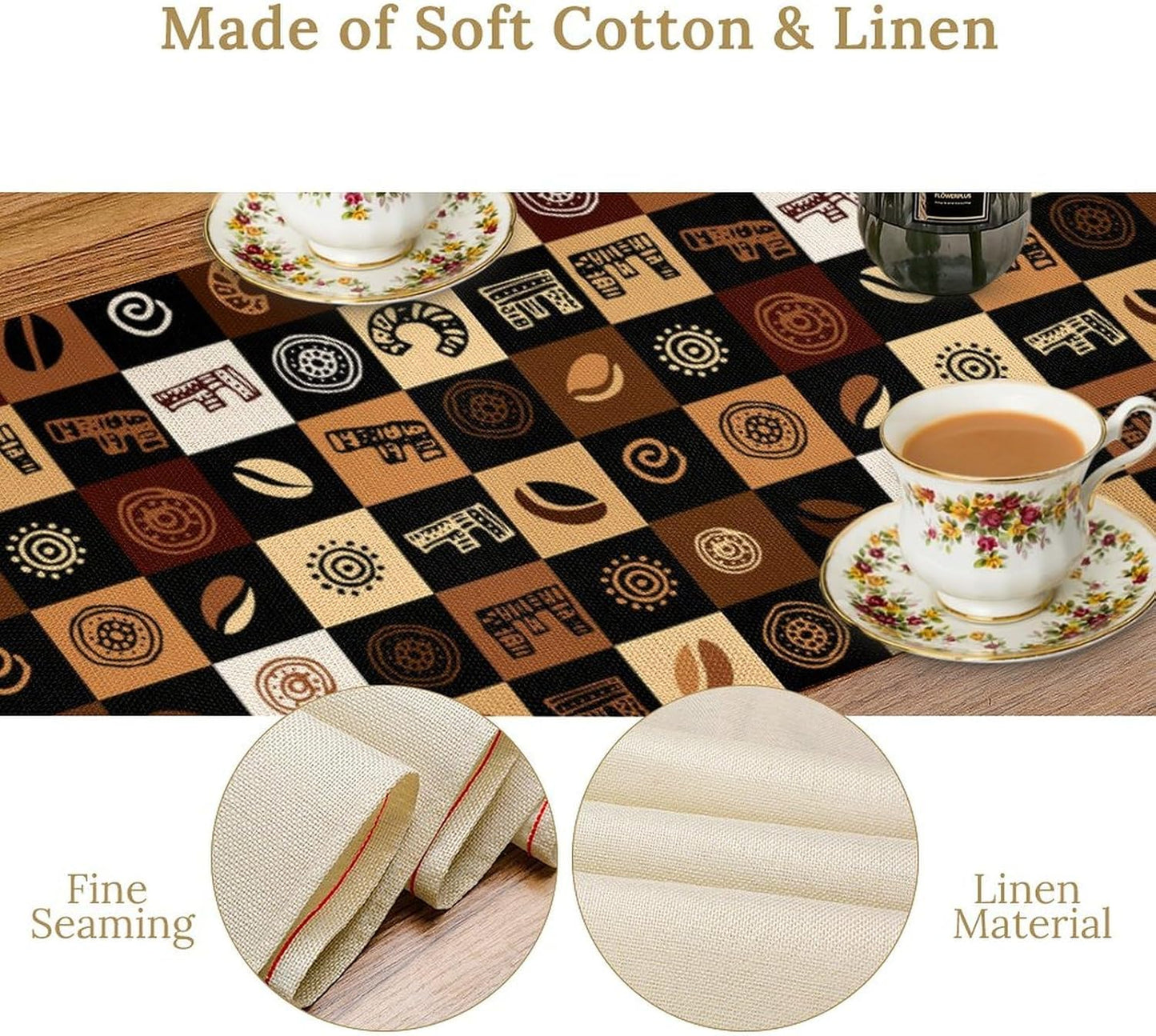 Coffee Theme Table Runner, Rustic Farmhouse Coffee Cup Latte Cappuccino Tea Party Cafe Table Center Decor for Home Kitchen Dining Patio Holiday Party Indoor Outdoor Table Decorations, 13"x90" Inch