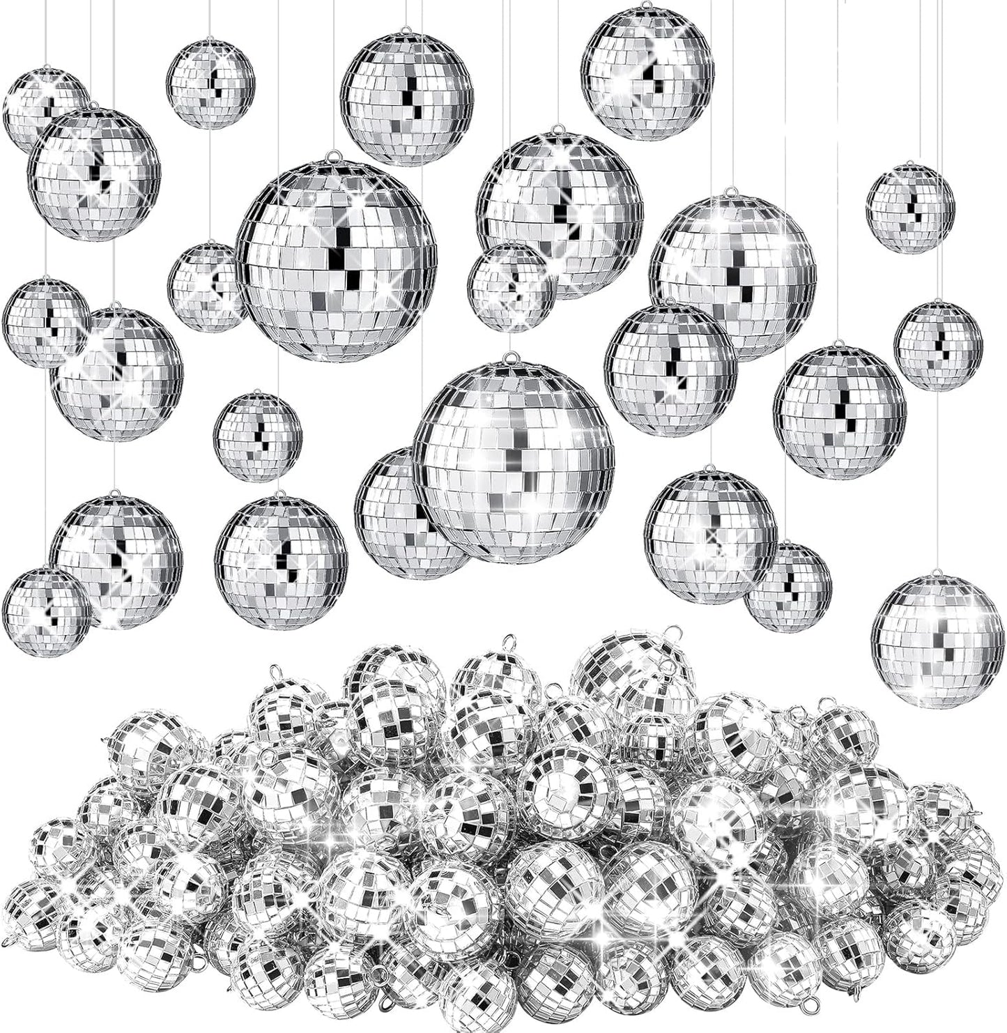 Funtery 100 Pcs Mirror Disco Balls Bulk Assorted Silver Hanging Disco Ball Decor for Home Wedding Birthday Dance Music 70 S Theme Party Christmas Tree Ornaments(1.2'', 2'', 3.2'', 4'')