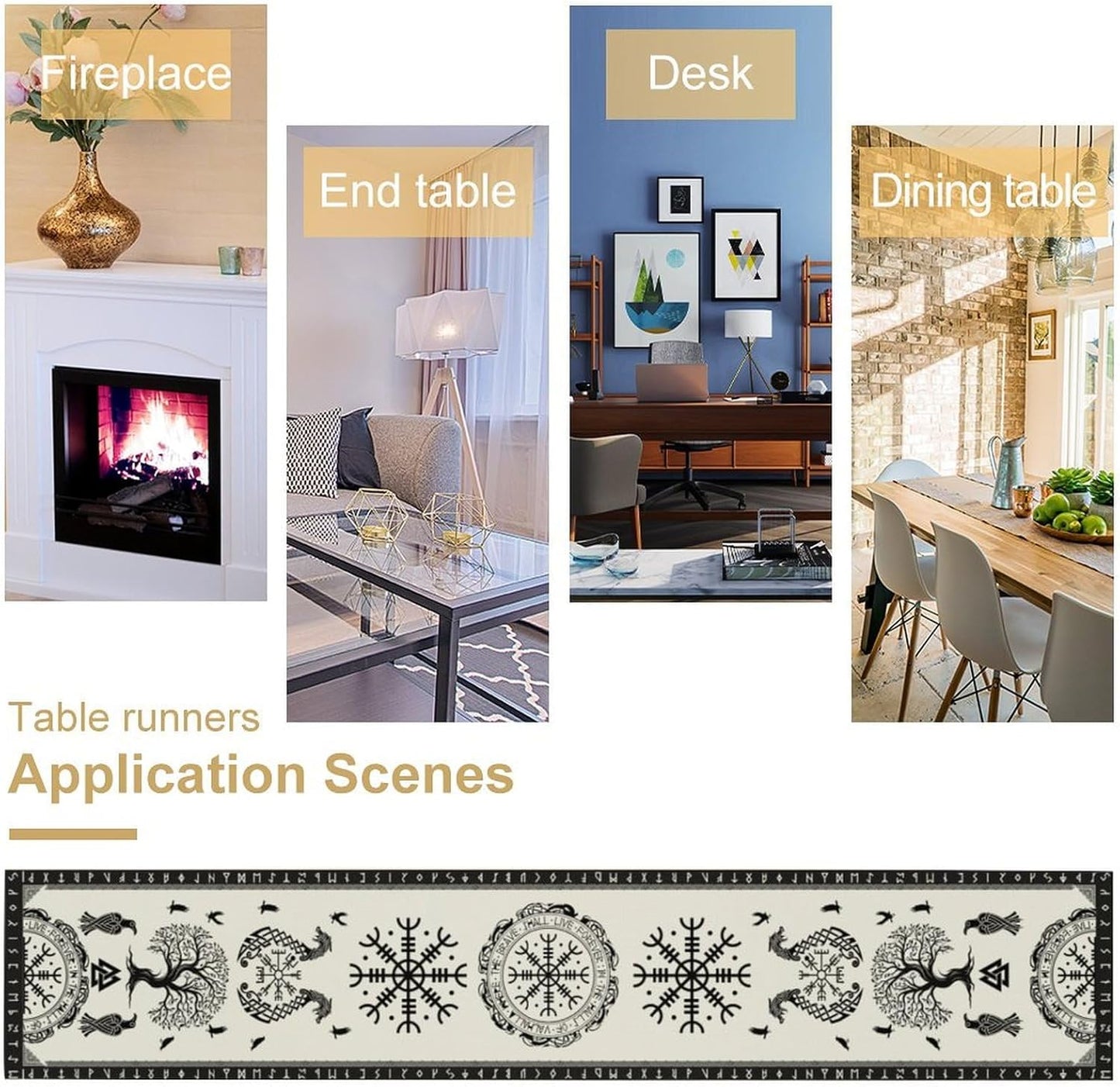 Ancient Abstract Pattern Table Runner, Tree of Life Eagle Dragon Boat Rudder Black and White Table Runner for Party Kitchen Dinner Cafe Bedroom Living Room Outdoor Table Runner 13x120 Inch