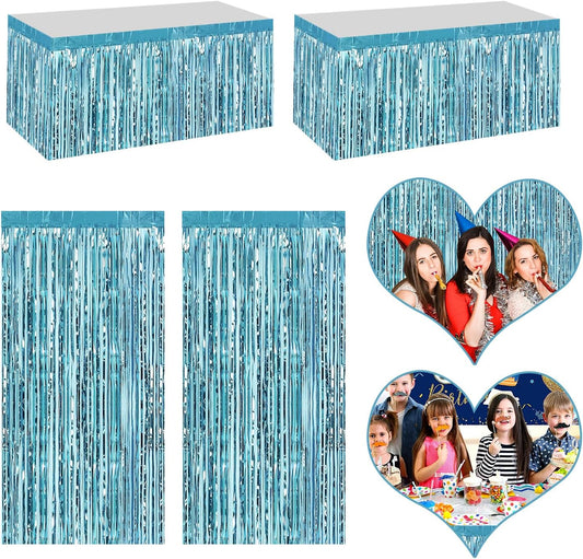 4P Metallic Foil Fringe Tinsel Table Skirts for Rectangle Tables Backdrop Banner Streamer Garland Curtains for Parade Floats Wedding Graduation Anniversary Birthday Parties Decoration(Light Blue)