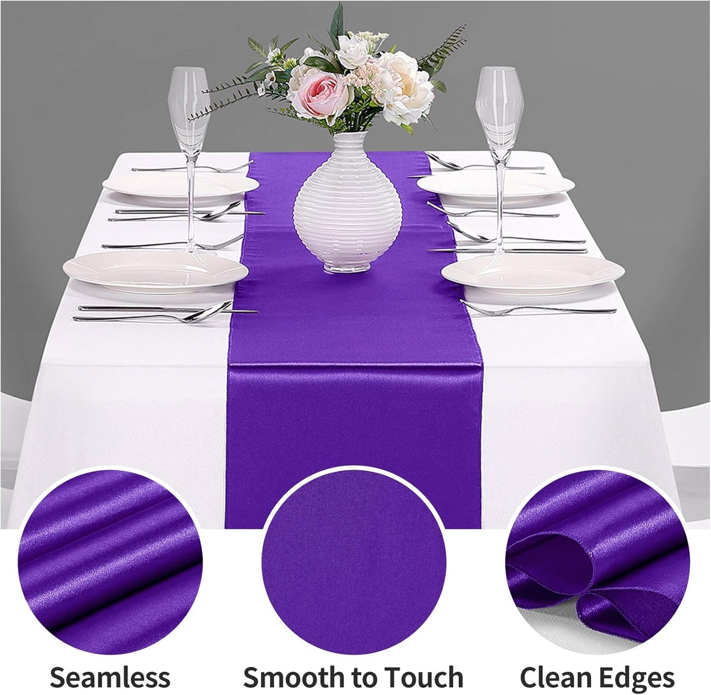 10-Pack Satin Table Runner Purple 12 x 108 inches Long, Table Runners for Wedding, Birthday Parties, Banquets Decorations（10 Pack, 12x108 Inch, Purple）