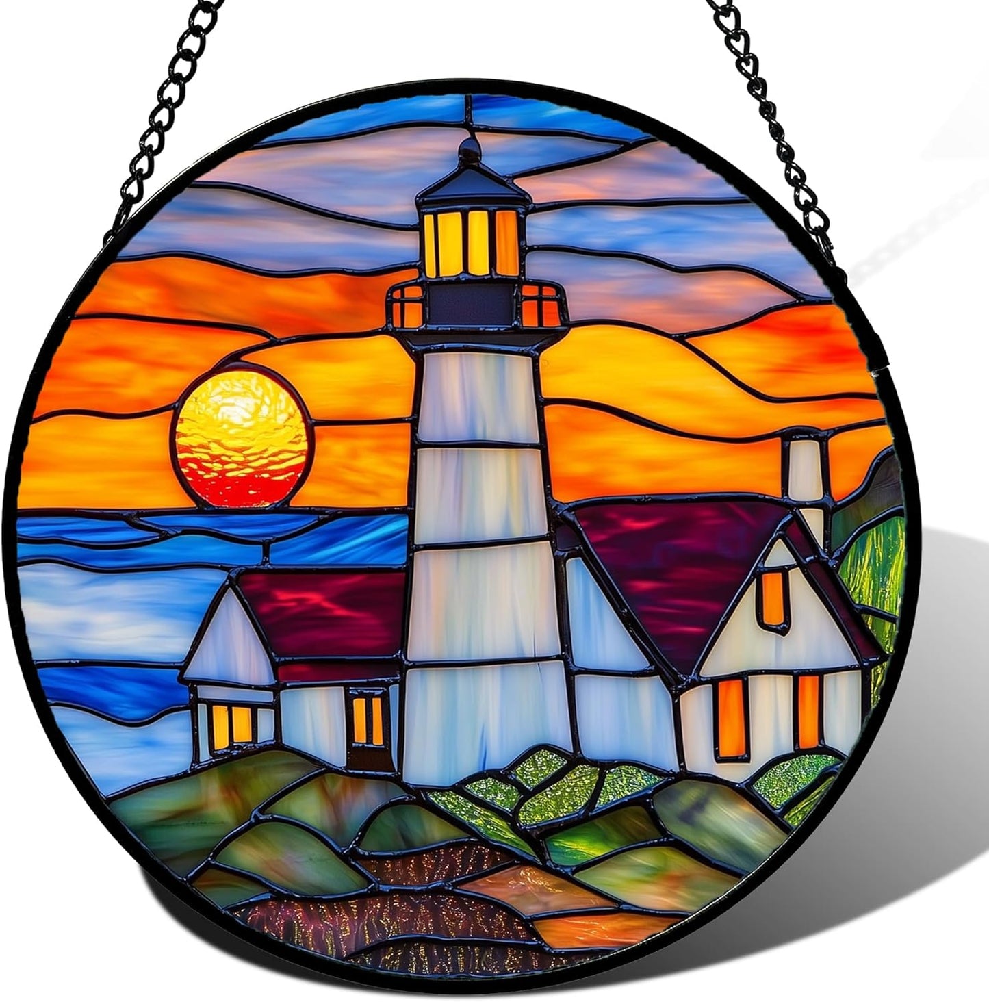 Stained Glass Window Hanging - Sea Lighthouse Suncatcher for Door Terrace Garden Home Decor Sunset Beach Scenery Sun Catcher Birthday Gifts for Lovers Women Men Dad Mom Nana 15 in
