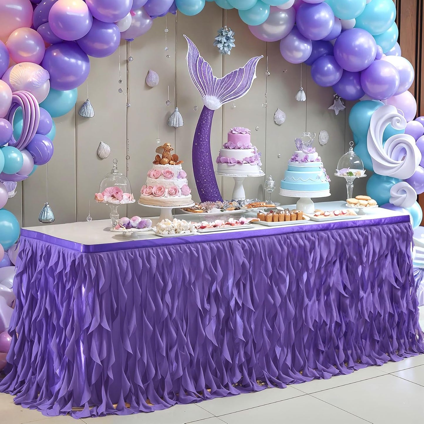 Partisky Mermaid Purple Tulle Curly Willow Table Skirt for Rectangle Table 17ft, Ruffle Tutu Table Cloth for Girls Boys Baby Shower,Mermaid Birthday Party