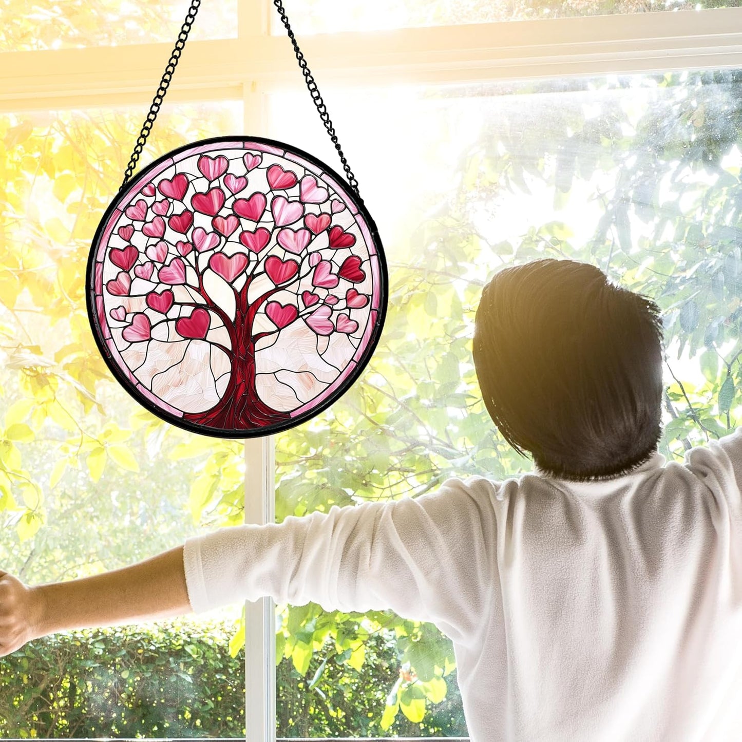Stained Glass Window Hanging, Pink Love Heart Tree Suncatcher Hangings Beige Sun Catchers Decor for Birthday Holiday for Women, Men, Wife, Aunt, Mom 11.8IN
