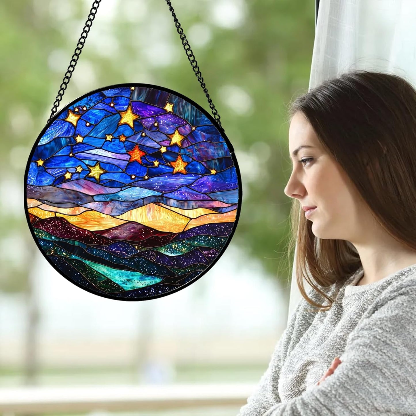 Stained Glass Window Hanging, Blue Sky Gold Stars Abstract Landscape Suncatcher for Doors Window Home Sun Catchers Decor Mother's Day Birthday Gifts for Women, Men Mom 7.8 in