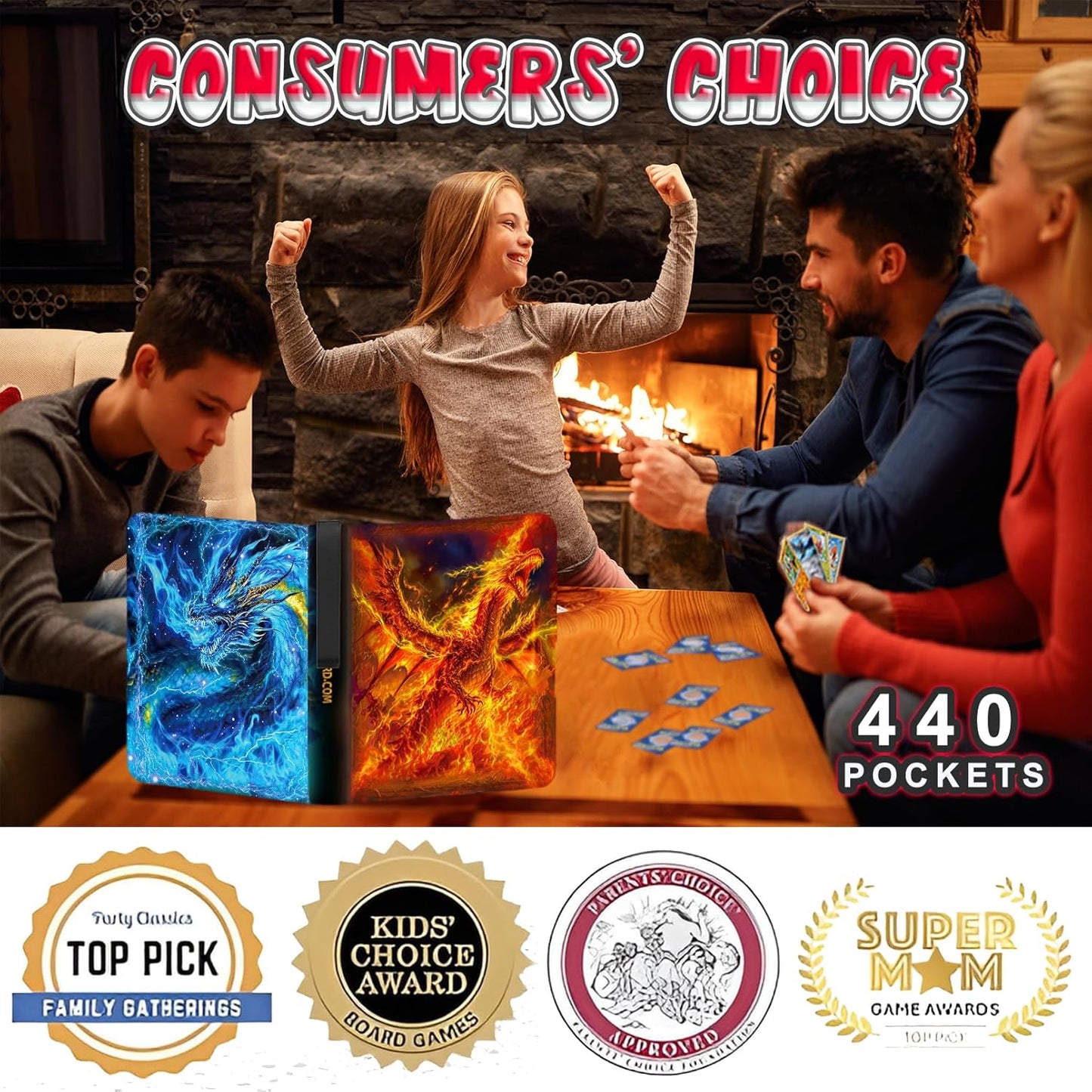 440 Card Binder 4 Pocket, 3-Ring Trading Card Binder with 55 Page Removable Sleeves, High Storage Waterproof Trading Card Holder Collection Card Album Carrying Organizer Case for MTG TCG Cards -Fire