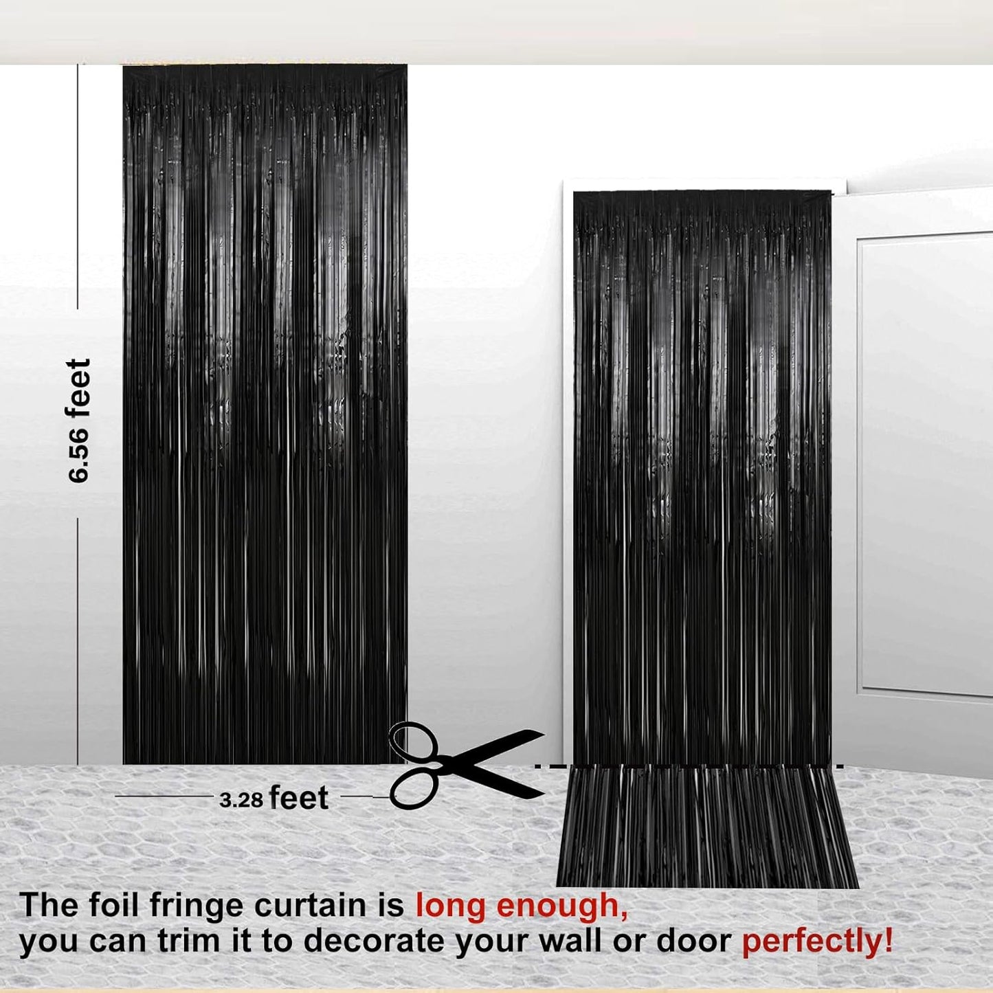 2 Pack 3.28 ft x 6.56 ft Black Tinsel Curtain Party Backdrop Decorations, Metallic Foil Fringe Backdrop Door for Halloween, Christmas, Birthday Graduation Wedding Party Streamers Photo Backdrop.