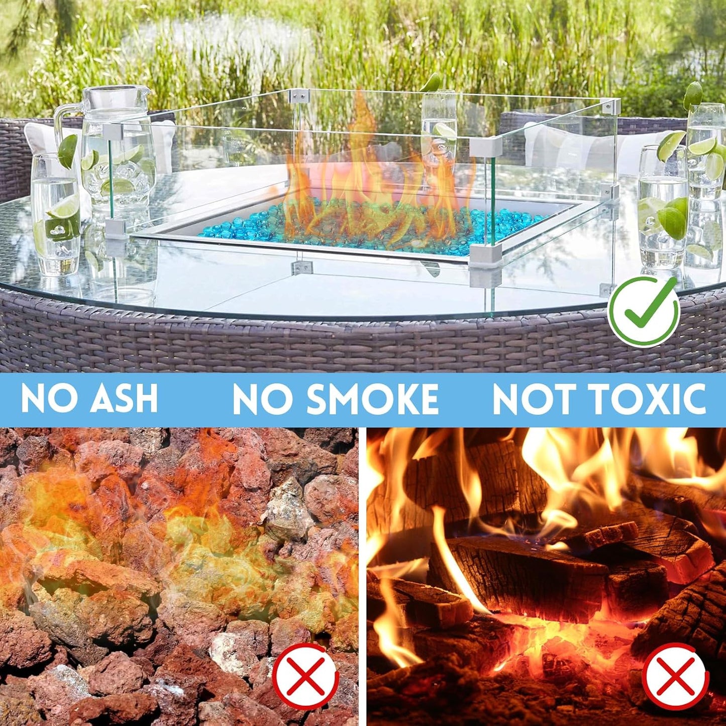 Fire Glass for Propane Fire Pit, Fireplace and Outdoor Decorative. Caribbean Blue Round Firepit Rocks 20 Pounds, 3/4 Inch High Luster Glass Beads