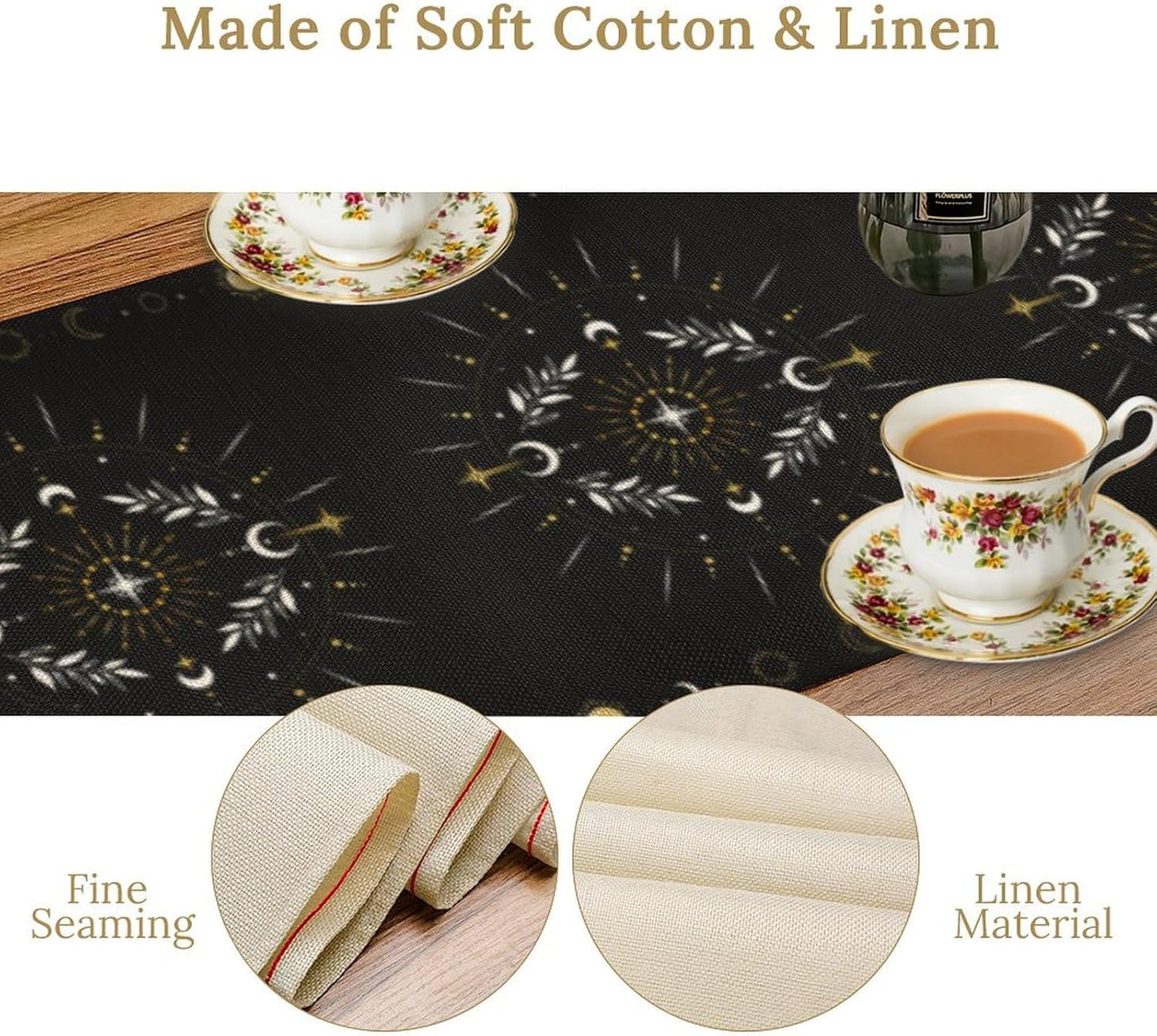 Sun Moon Table Runner, Magical Leaves Mysterious Western Traditional Elements Black White Table Runner for Party Living Room Home Kitchen Dinner Table Runner 13x120 Inch