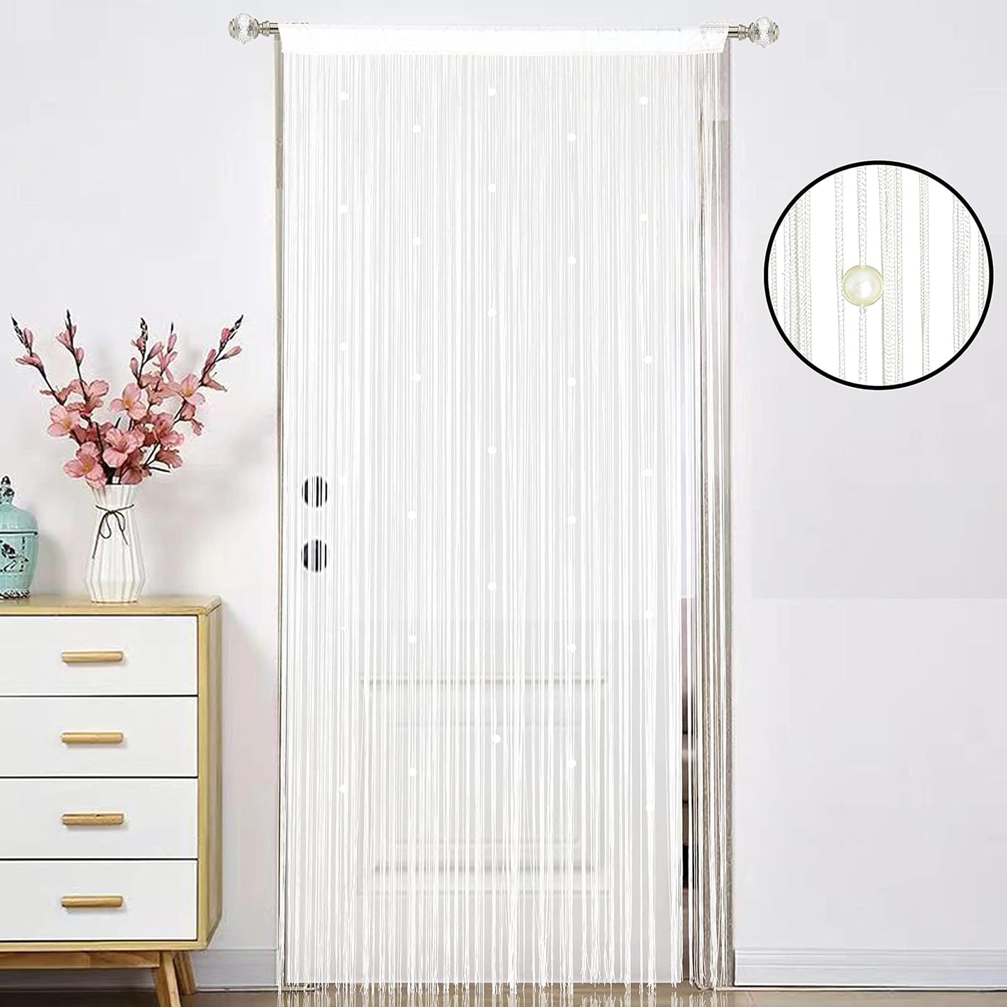 Beaded Curtain Beads Door String Curtains Ideal for Living Room Decor Wall Hanging Fringe Doorway Divider Bedroom Backdrop Hippie Window Closet Privacy Rod Pocket Dense (100x200cm,White)